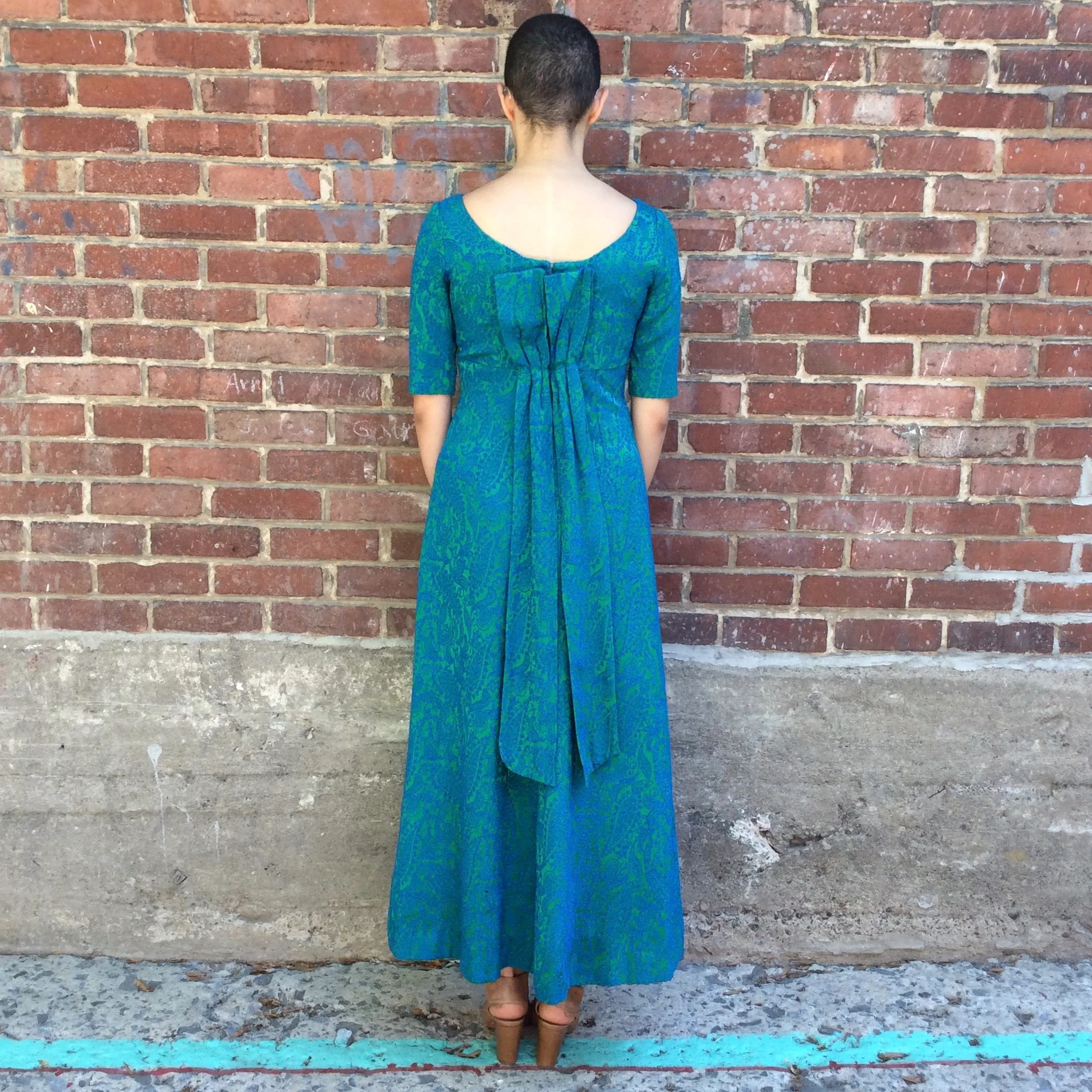 1960s Short Sleeve Teal Brocade Empire Waist Gown Small - Image 2