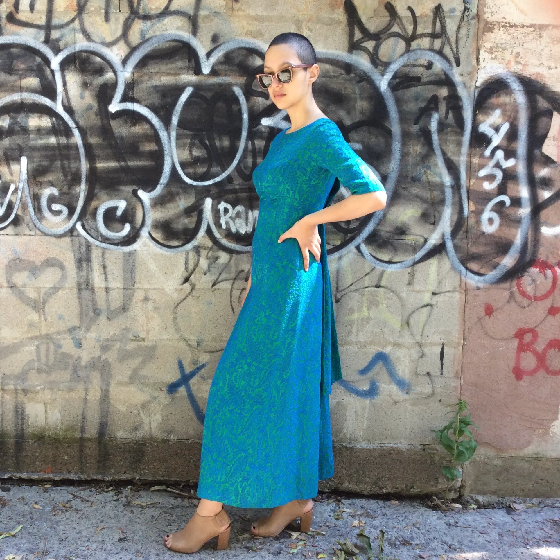 1960s Short Sleeve Teal Brocade Empire Waist Gown Small - Image 3