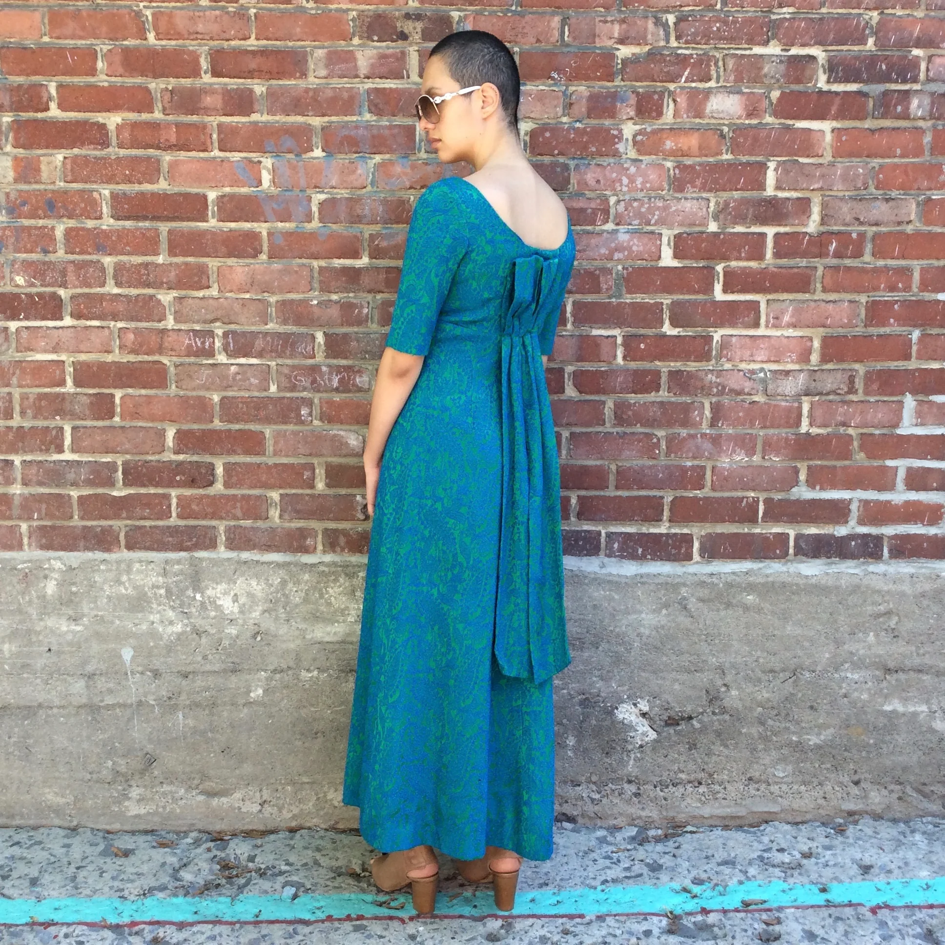 1960s Short Sleeve Teal Brocade Empire Waist Gown Small - Image 4