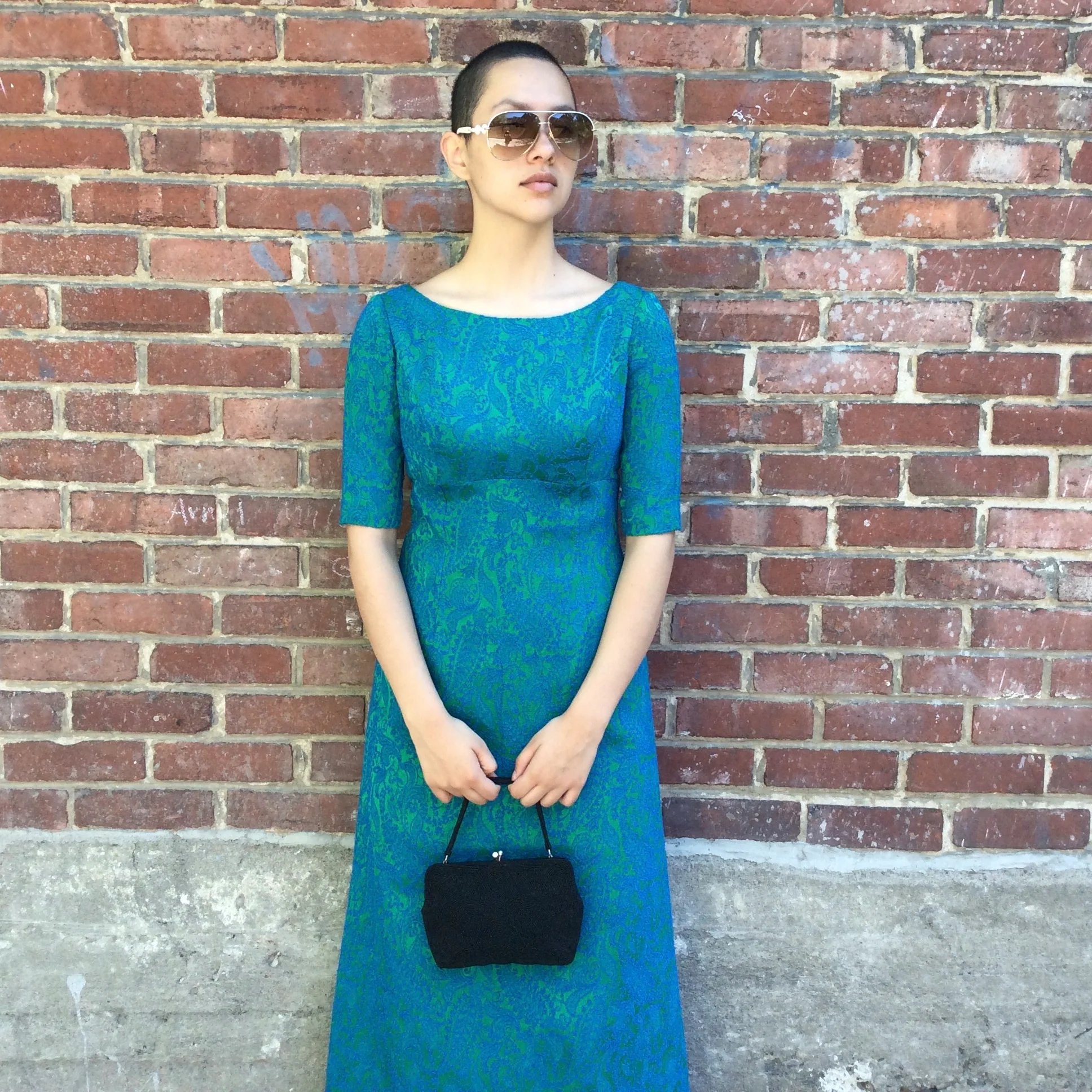 1960s Short Sleeve Teal Brocade Empire Waist Gown Small - Image 5