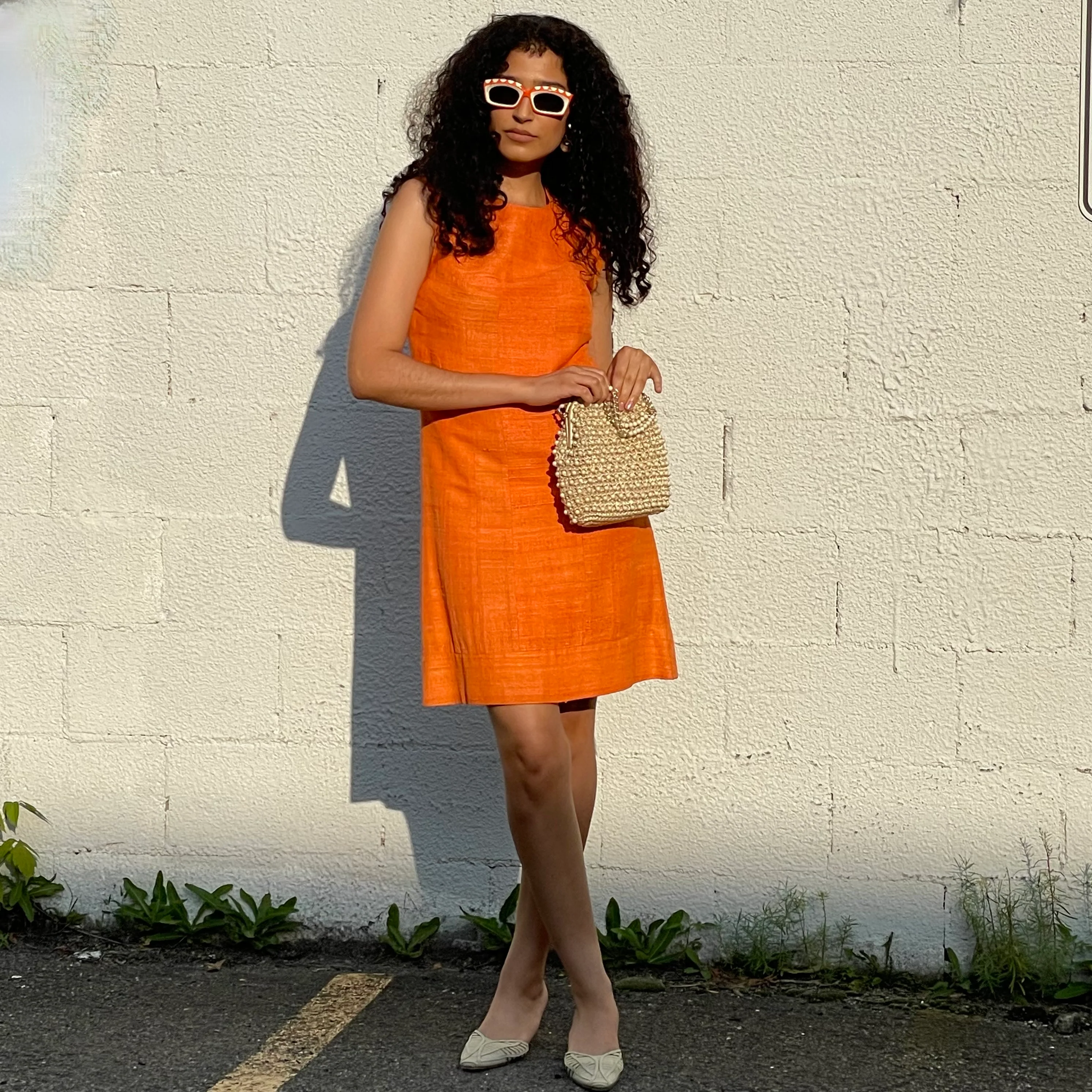 1960s Sleeveless Shift Orange Shantung Silk Dress Small - Image 2