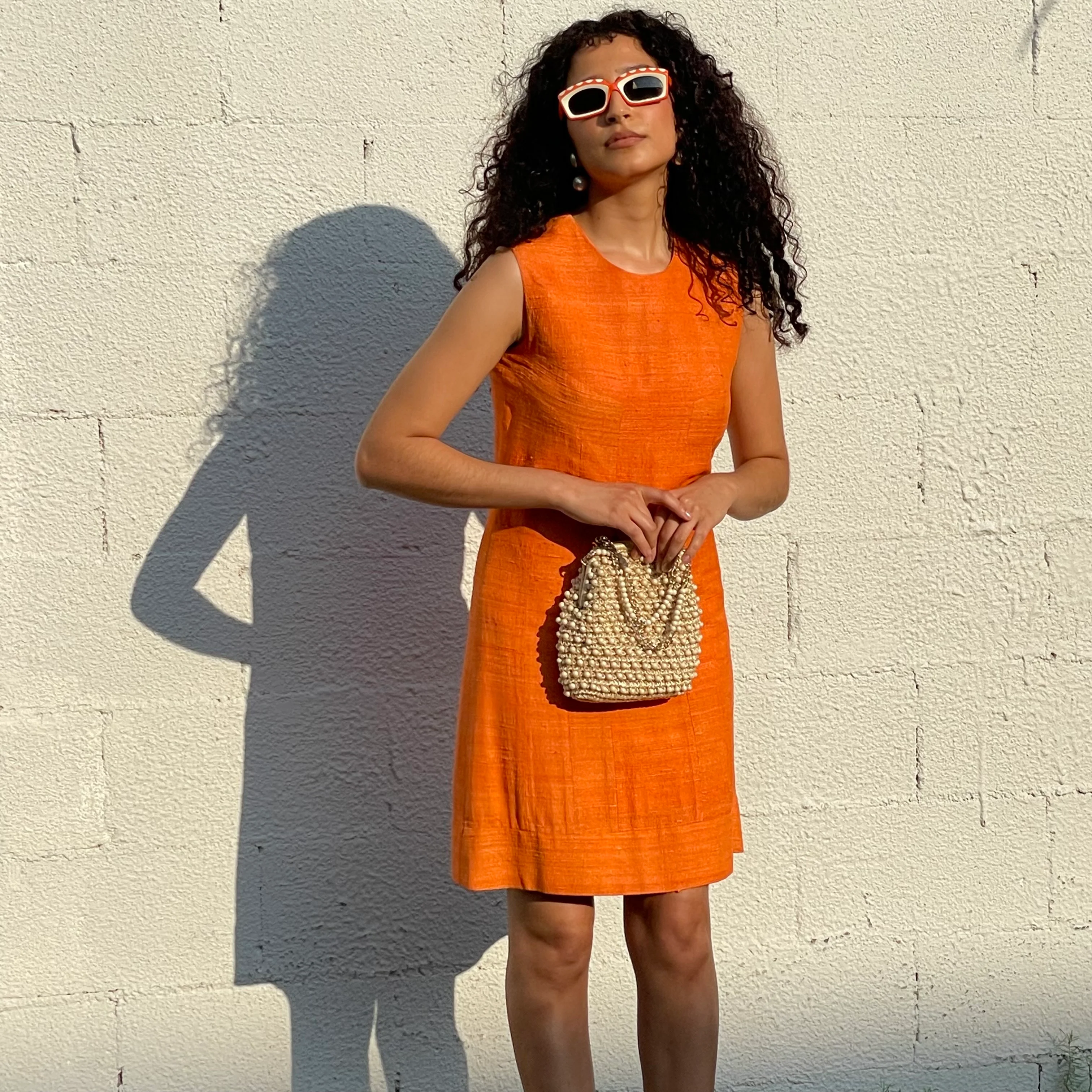 1960s Sleeveless Shift Orange Shantung Silk Dress Small - Image 3