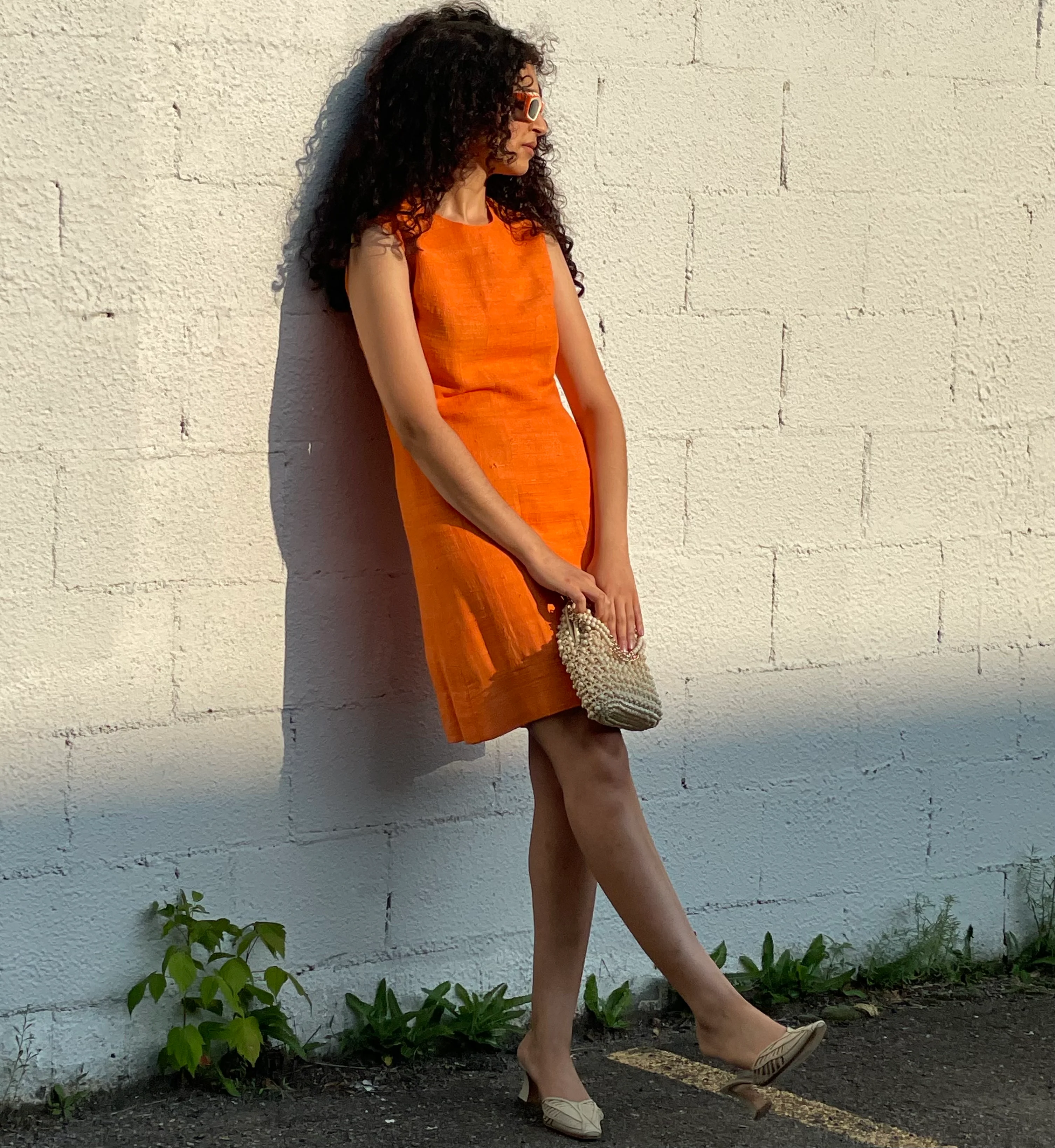 1960s Sleeveless Shift Orange Shantung Silk Dress Small - Image 4