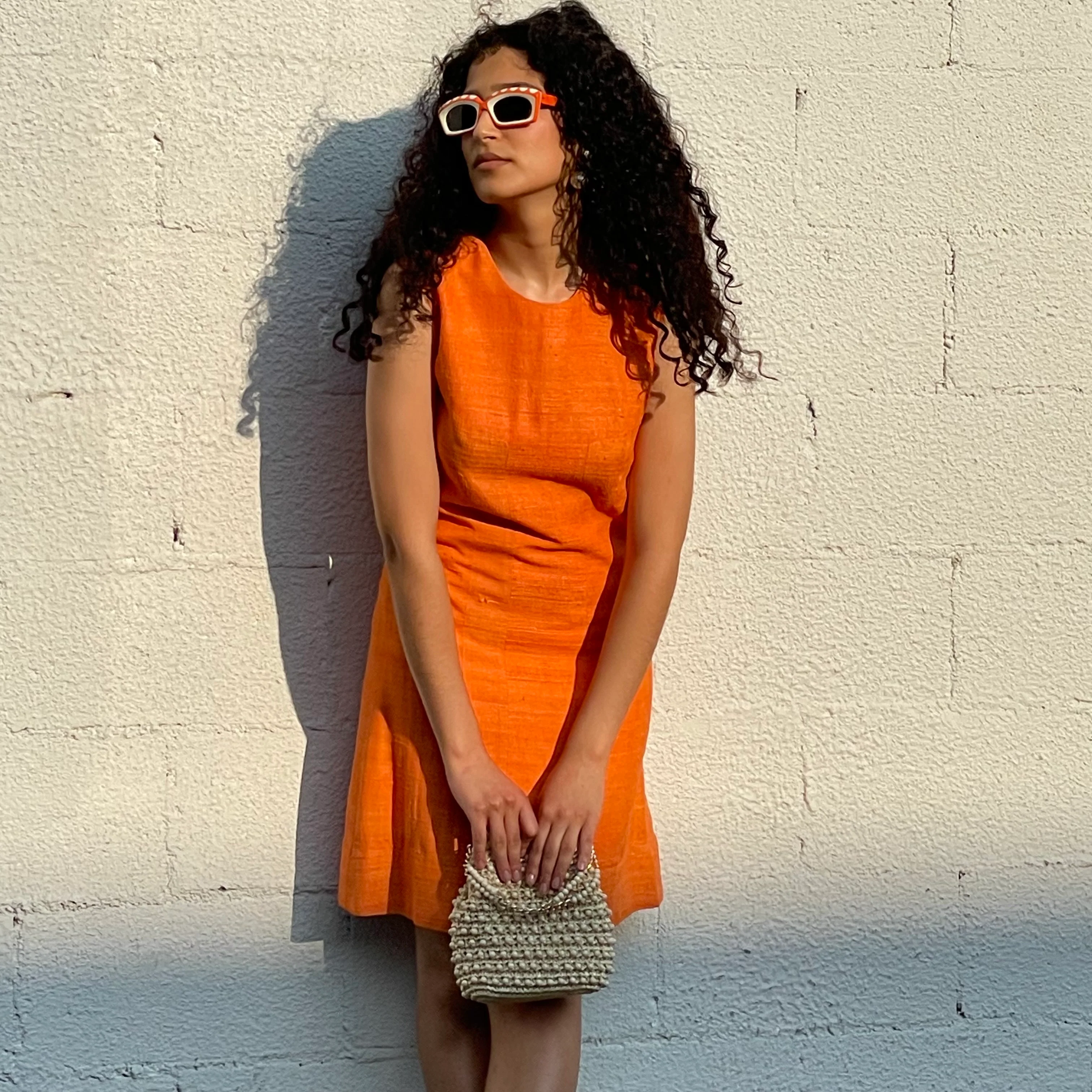 1960s Sleeveless Shift Orange Shantung Silk Dress Small - Image 5