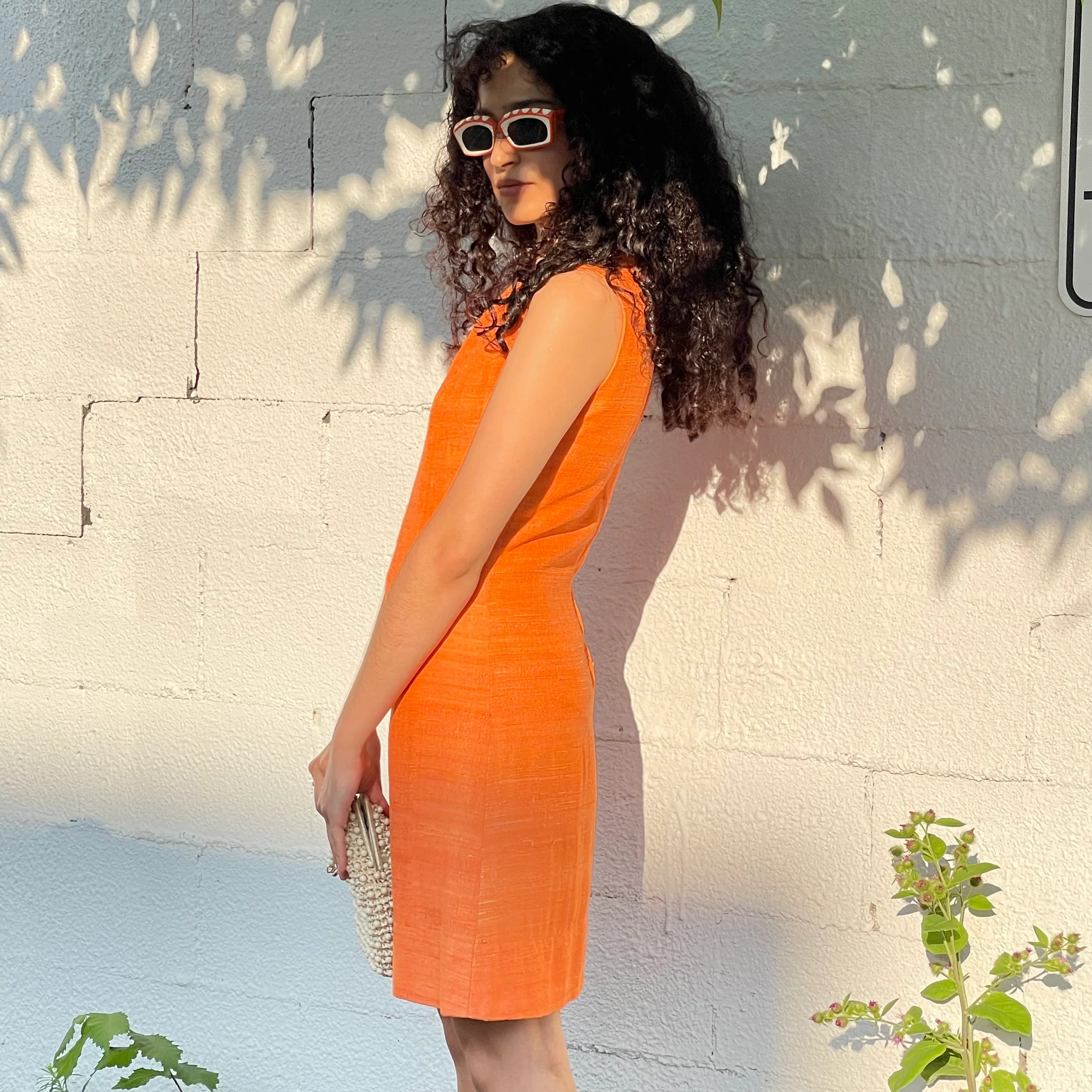 1960s Sleeveless Shift Orange Shantung Silk Dress Small - Image 6