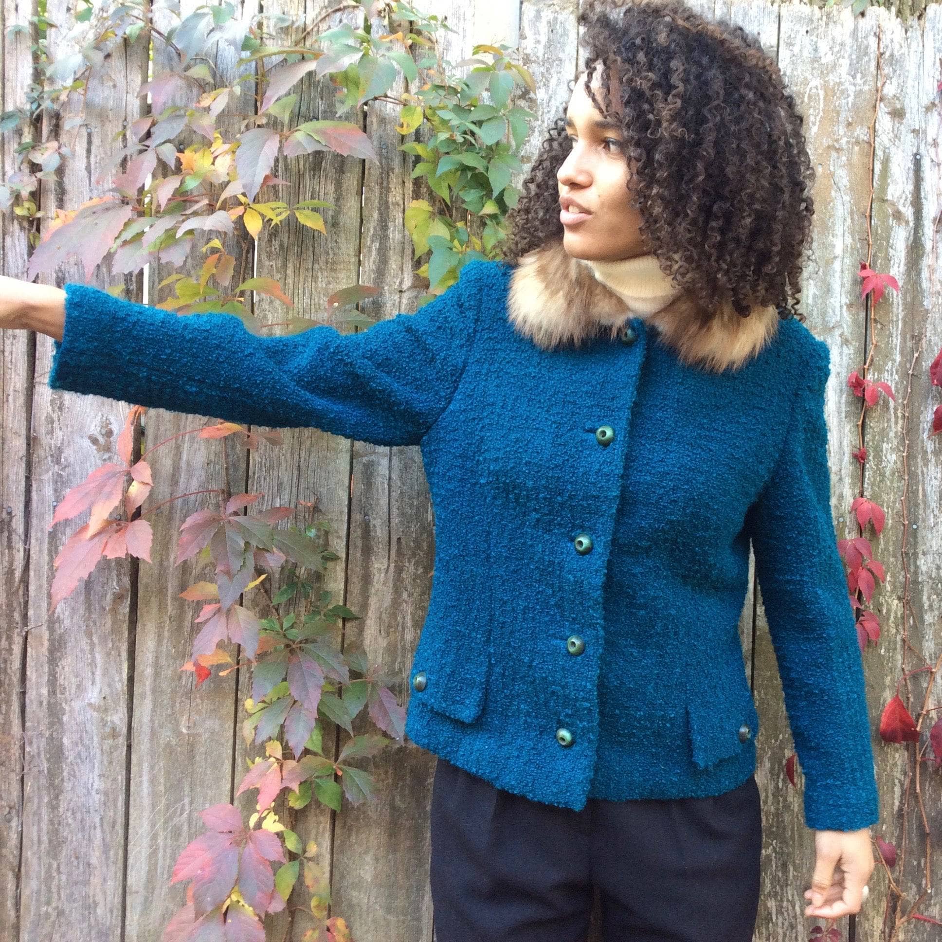 1960s Teal Wool Jacket With Fur Collar M - Image 3