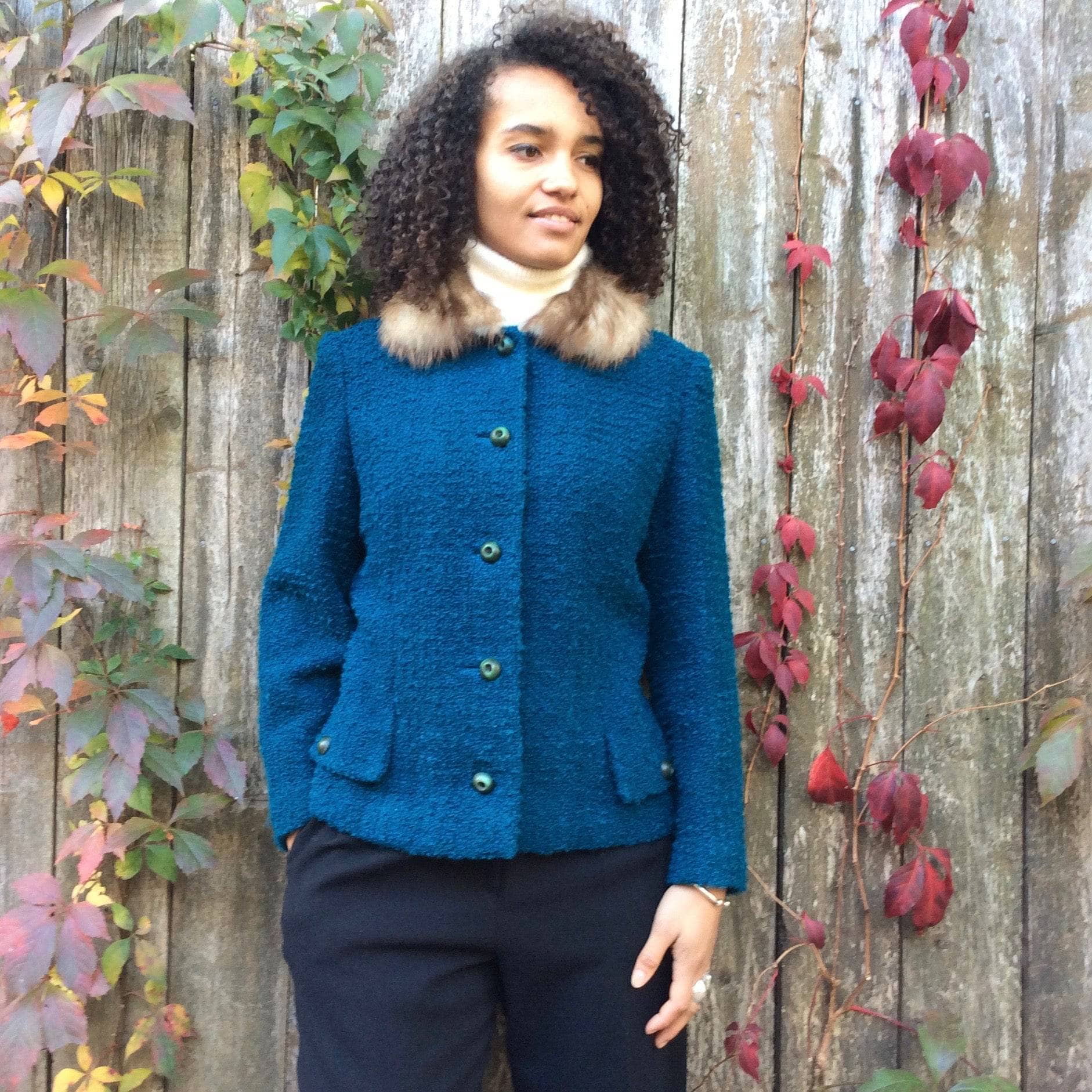 1960s Teal Wool Jacket With Fur Collar M - Image 4