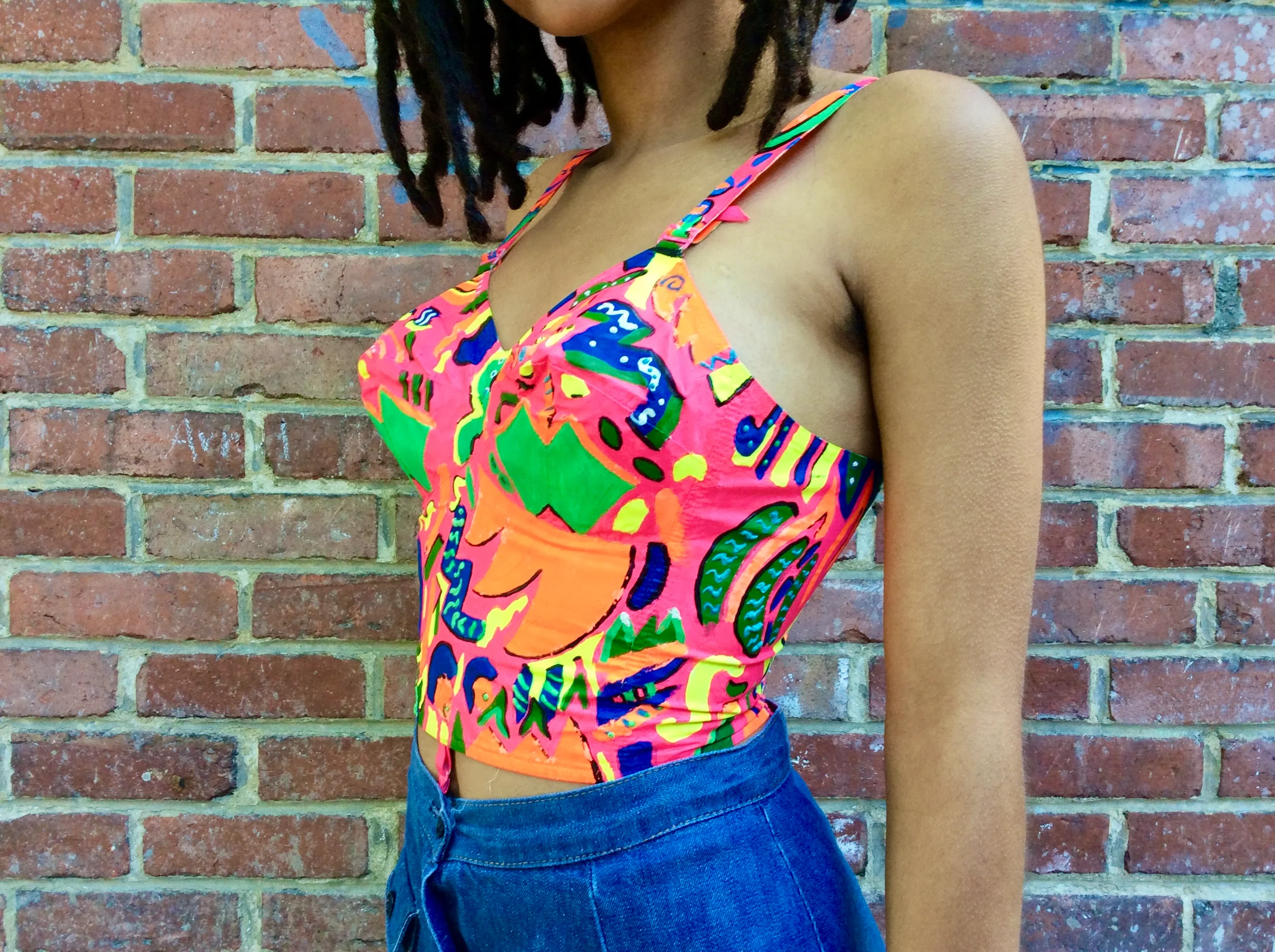 1960s Upcycled Hand Painted Bustier Top Small - Image 4
