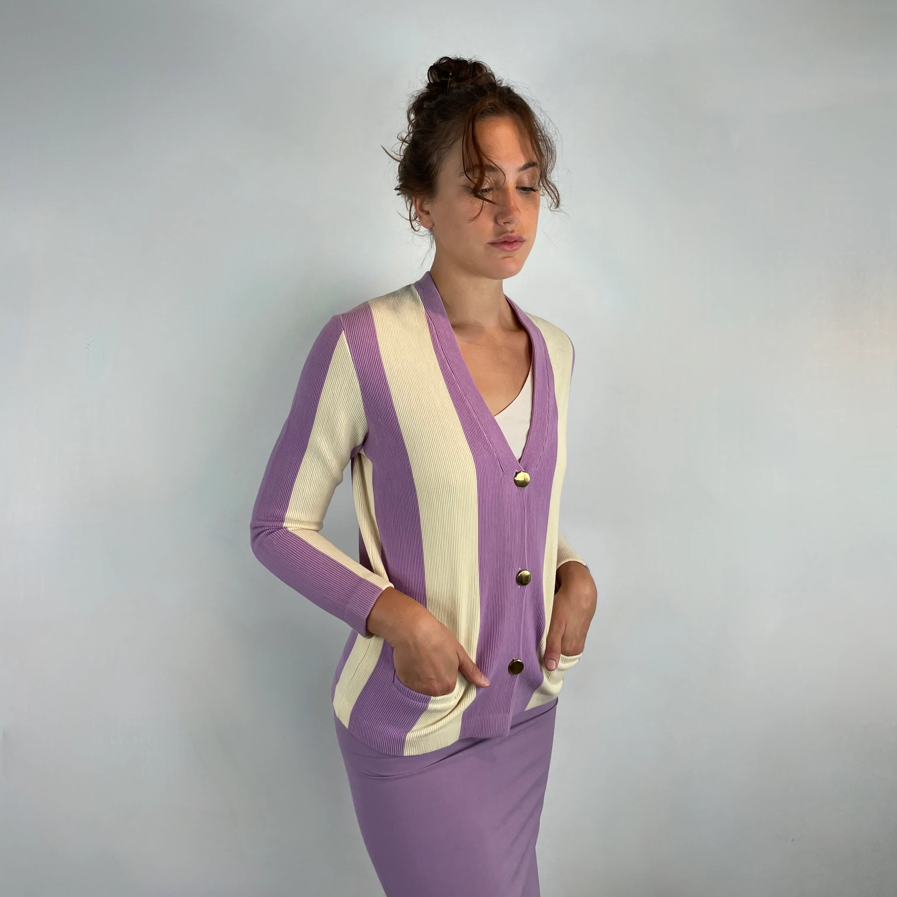 1960s Vertical Stripe Lavender Wool Knit Blazer Small - Image 2