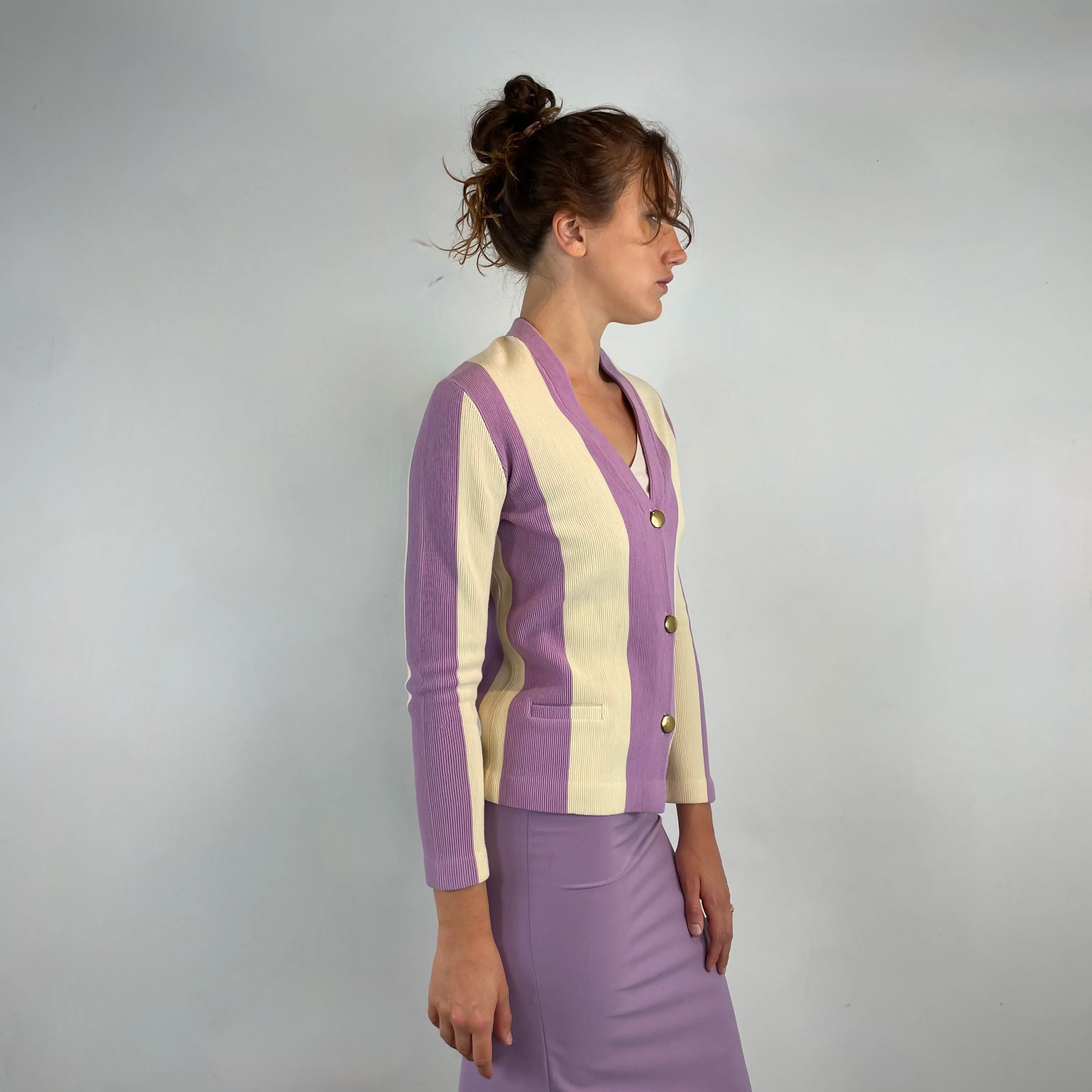 1960s Vertical Stripe Lavender Wool Knit Blazer Small - Image 3