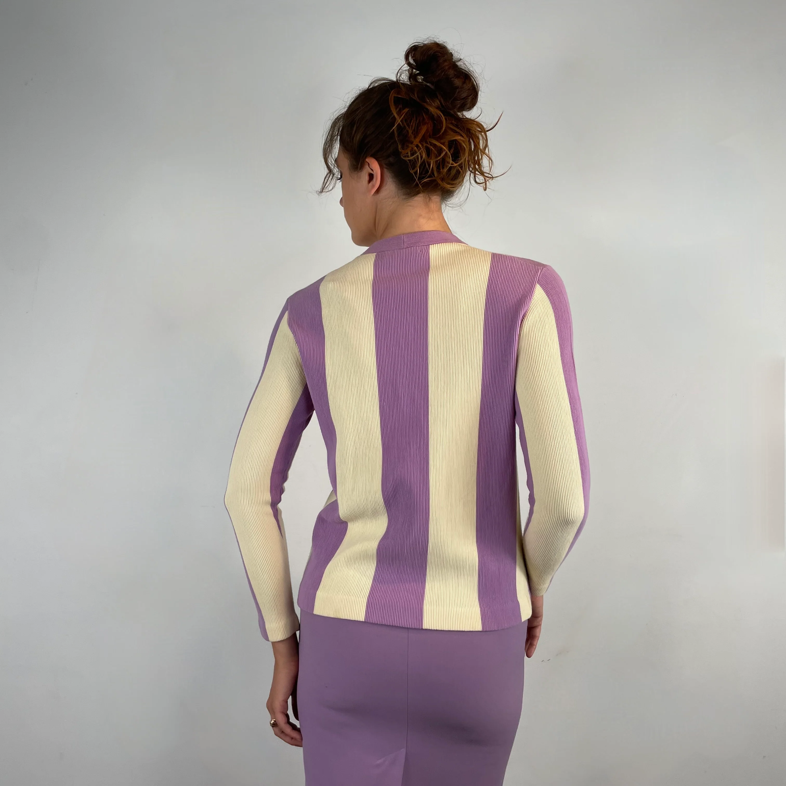 1960s Vertical Stripe Lavender Wool Knit Blazer Small - Image 4