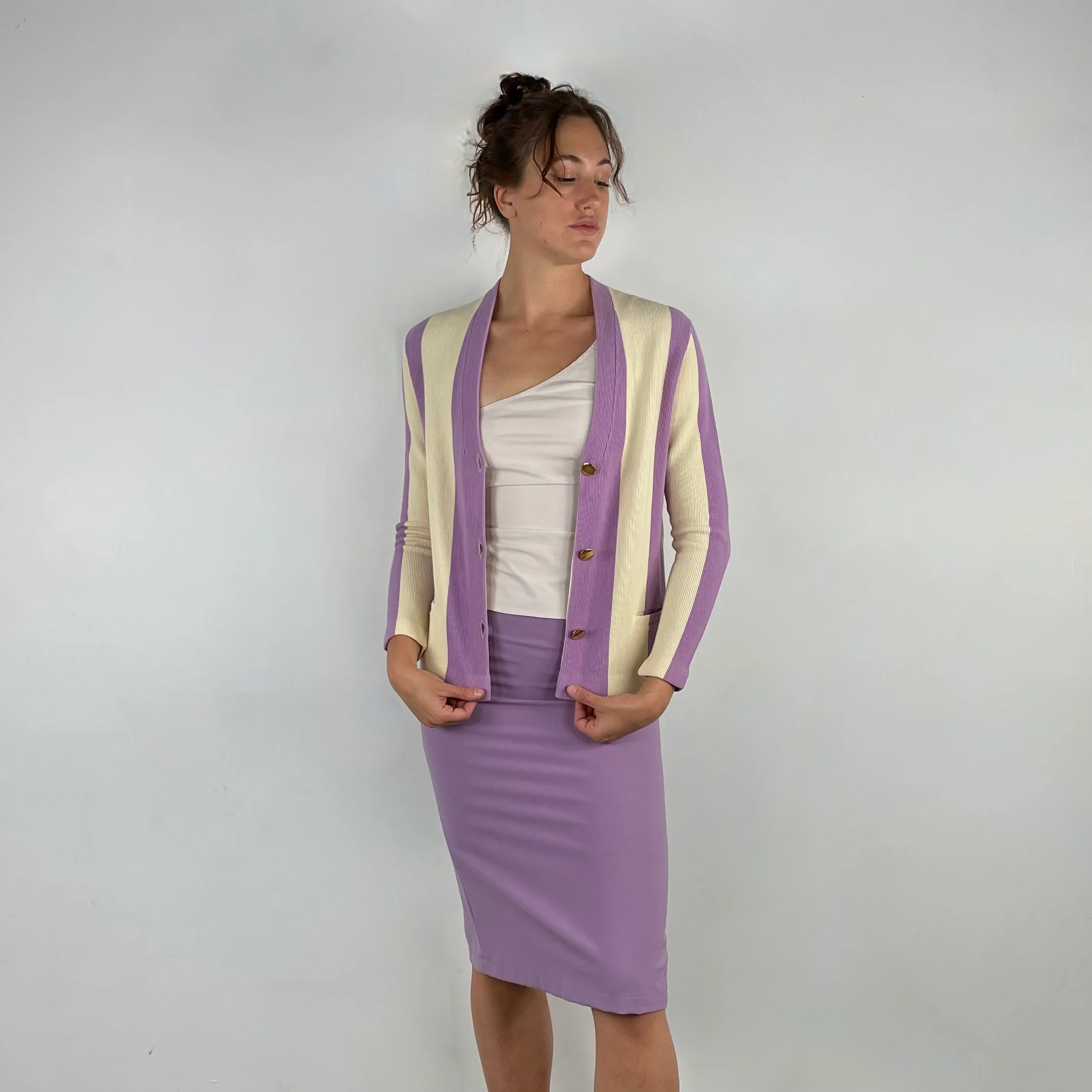 1960s Vertical Stripe Lavender Wool Knit Blazer Small - Image 5
