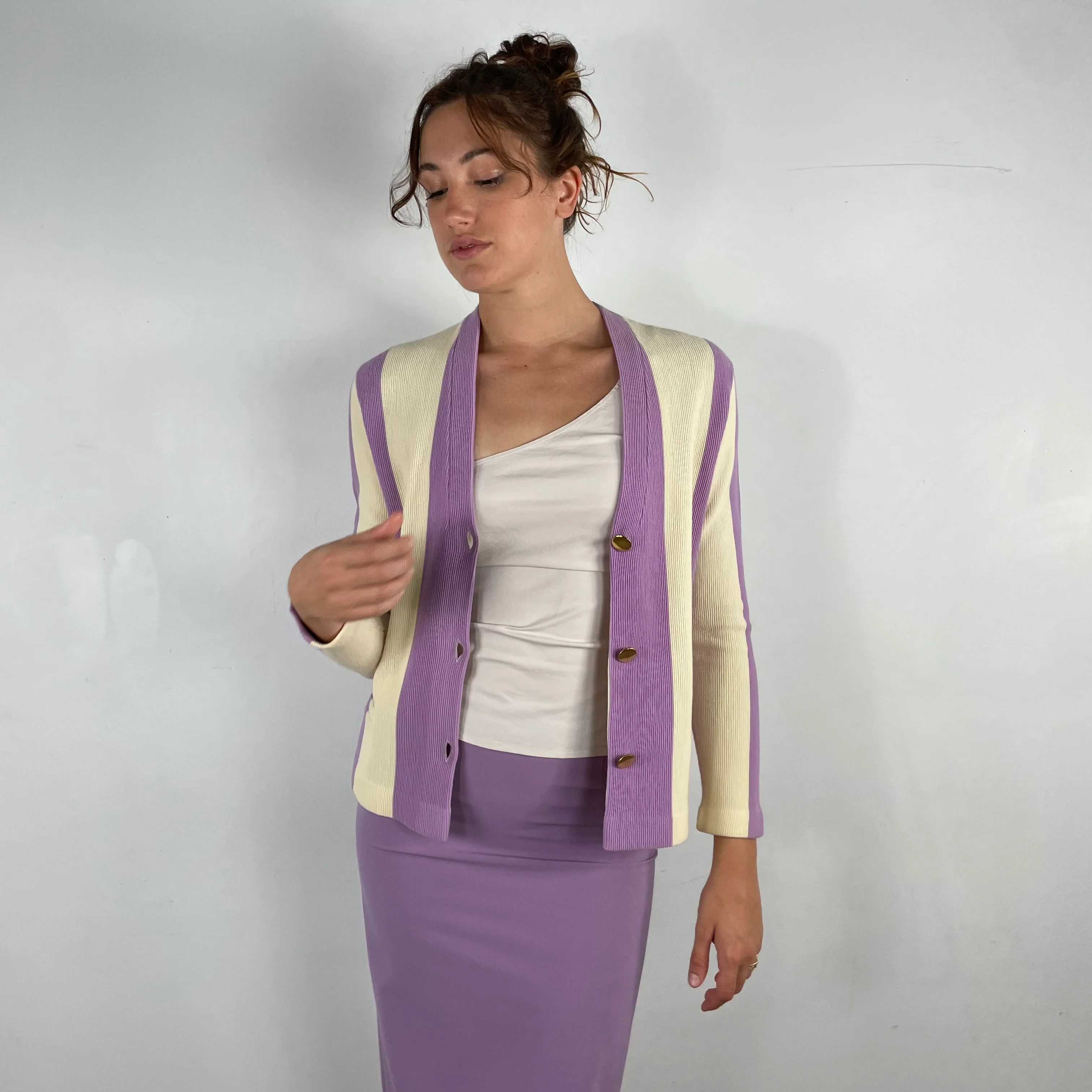 1960s Vertical Stripe Lavender Wool Knit Blazer Small - Image 6