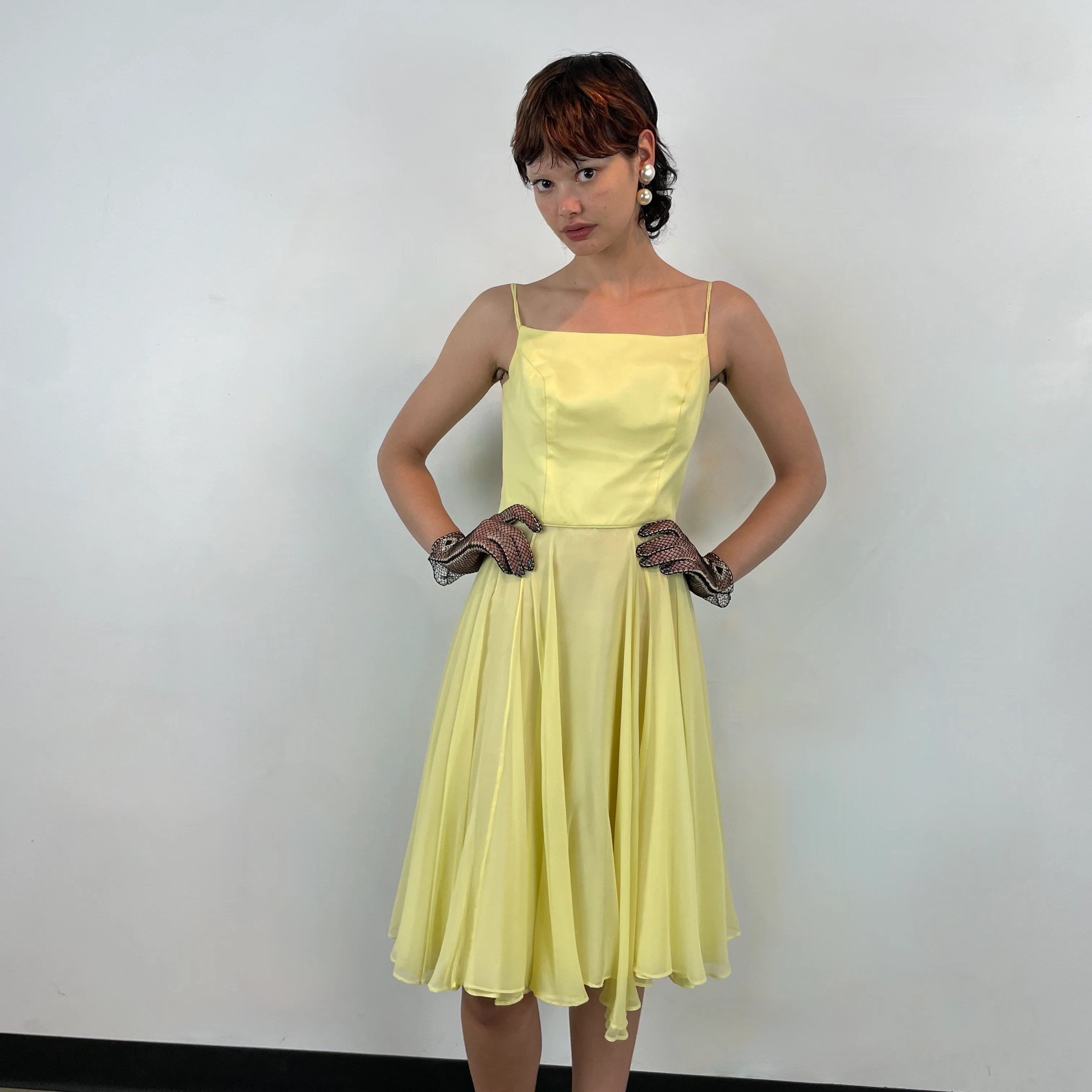 1960s Yellow Silk Chiffon Cocktail/ Prom Dress Small