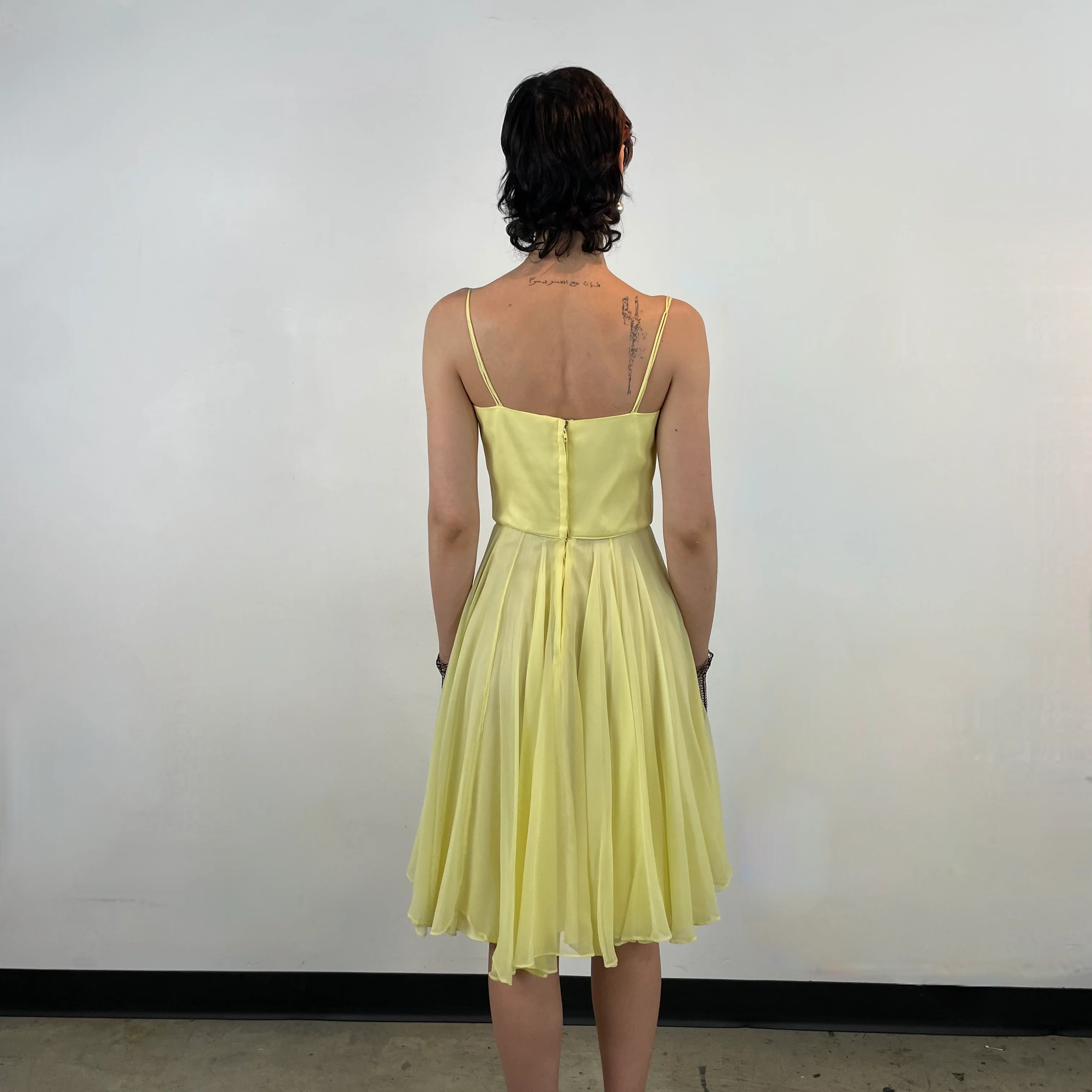1960s Yellow Silk Chiffon Cocktail/ Prom Dress Small - Image 2