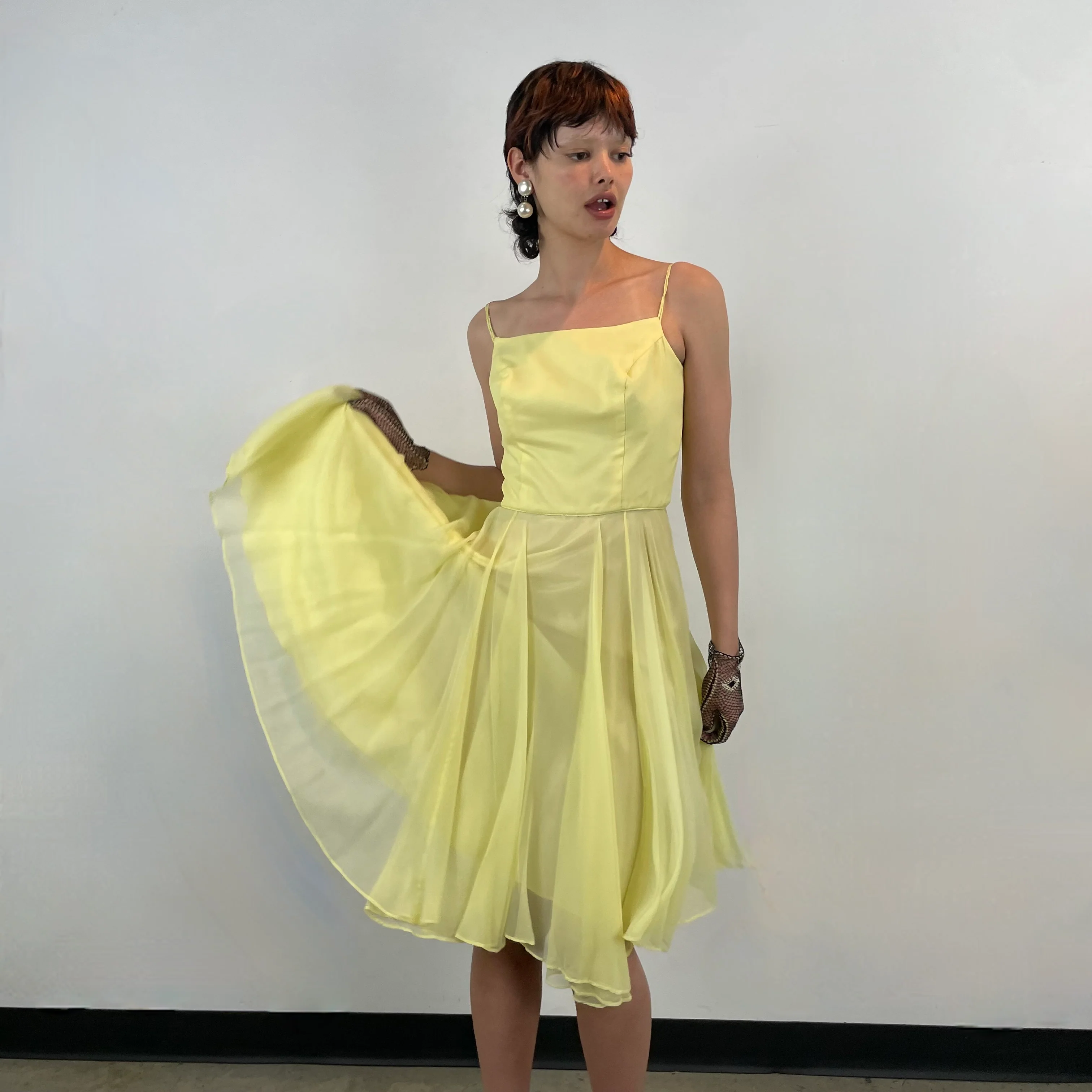 1960s Yellow Silk Chiffon Cocktail/ Prom Dress Small - Image 3