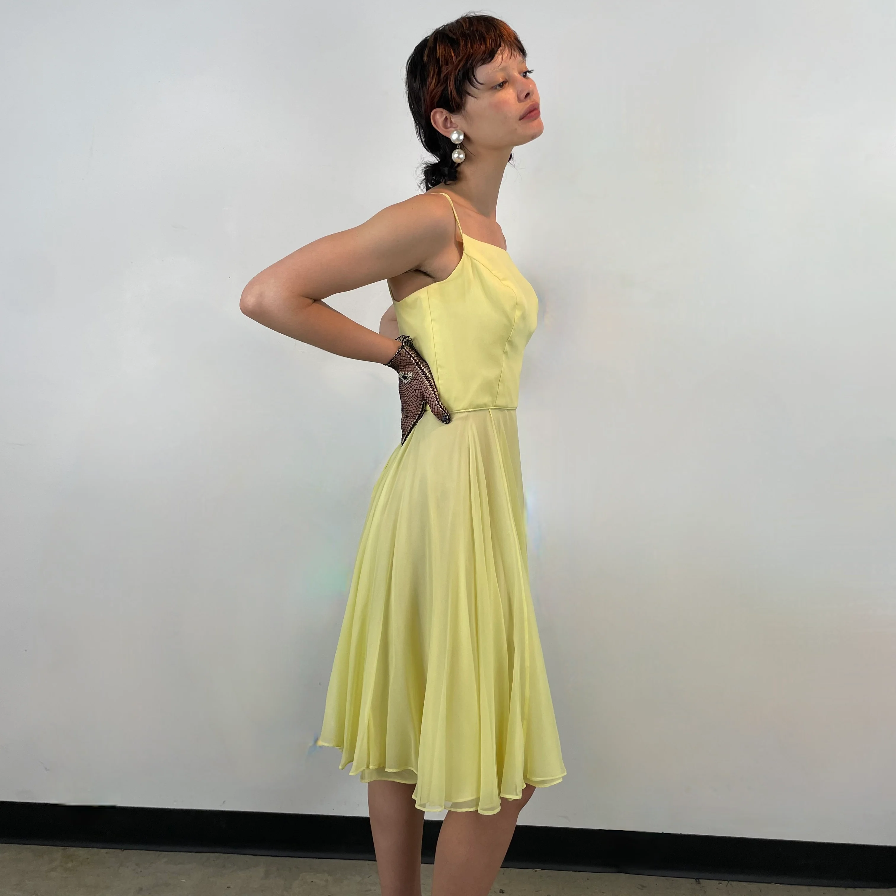 1960s Yellow Silk Chiffon Cocktail/ Prom Dress Small - Image 4