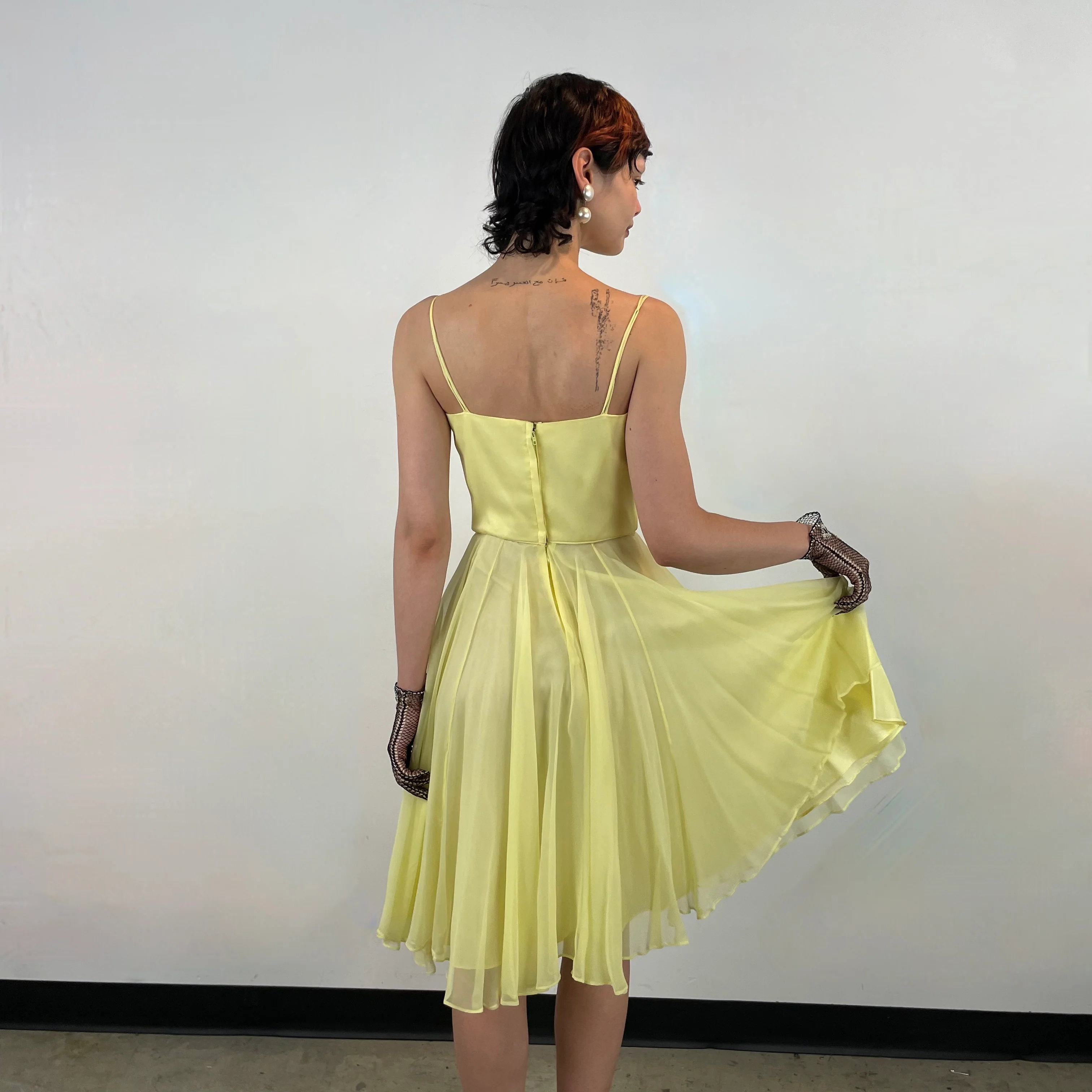 1960s Yellow Silk Chiffon Cocktail/ Prom Dress Small - Image 5