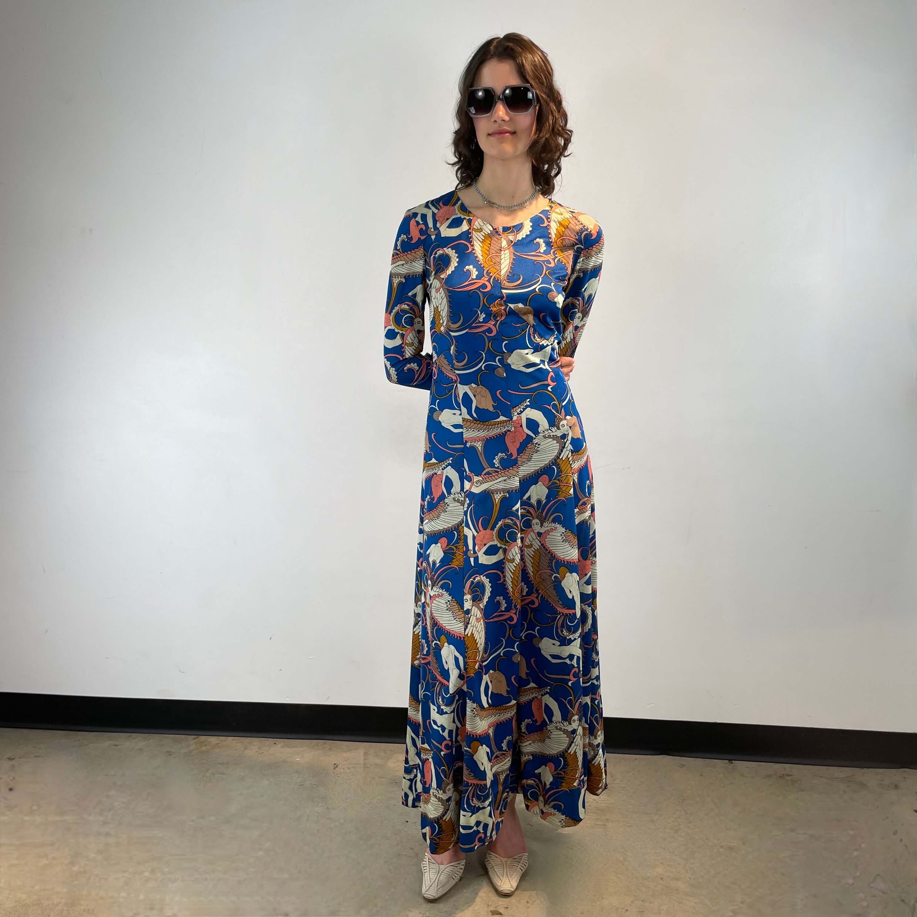 1970s Blue Cosmic Patterned Long Sleeve Empire Waist Maxi Dress Small