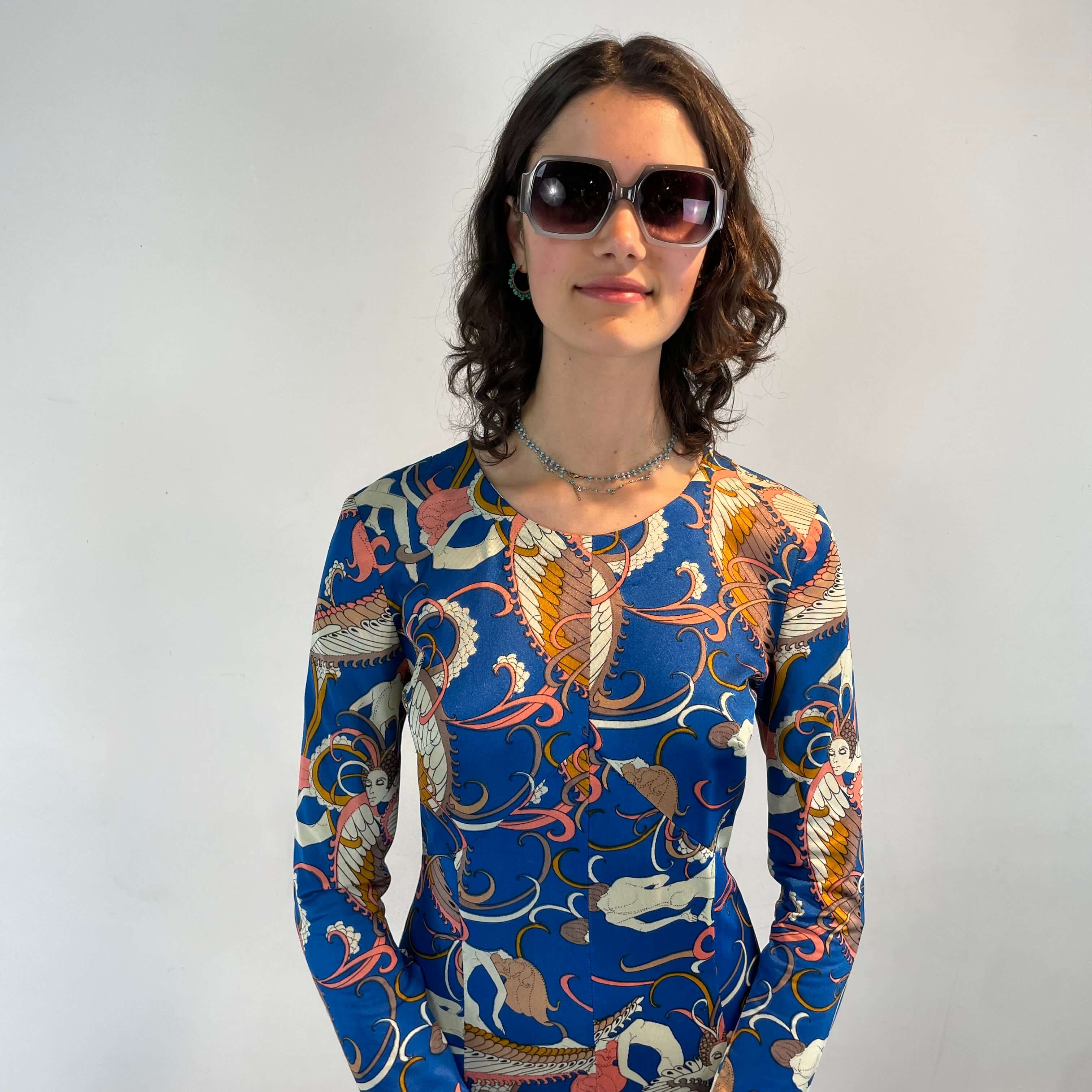 1970s Blue Cosmic Patterned Long Sleeve Empire Waist Maxi Dress Small - Image 2