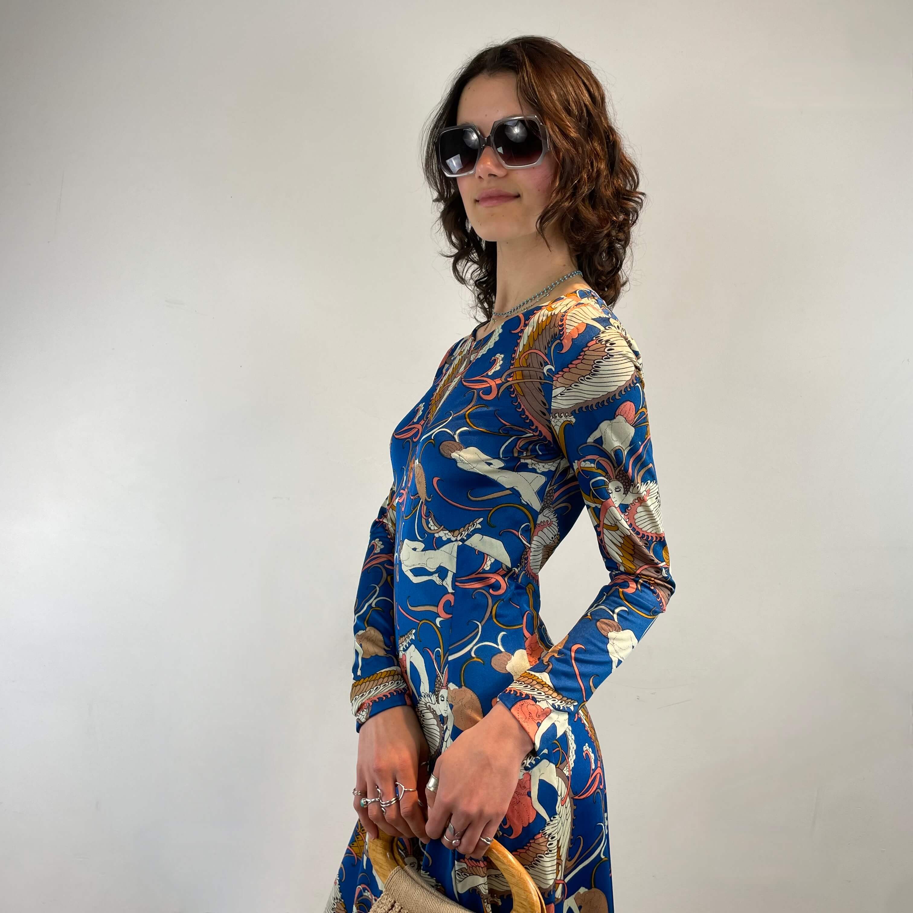 1970s Blue Cosmic Patterned Long Sleeve Empire Waist Maxi Dress Small - Image 3