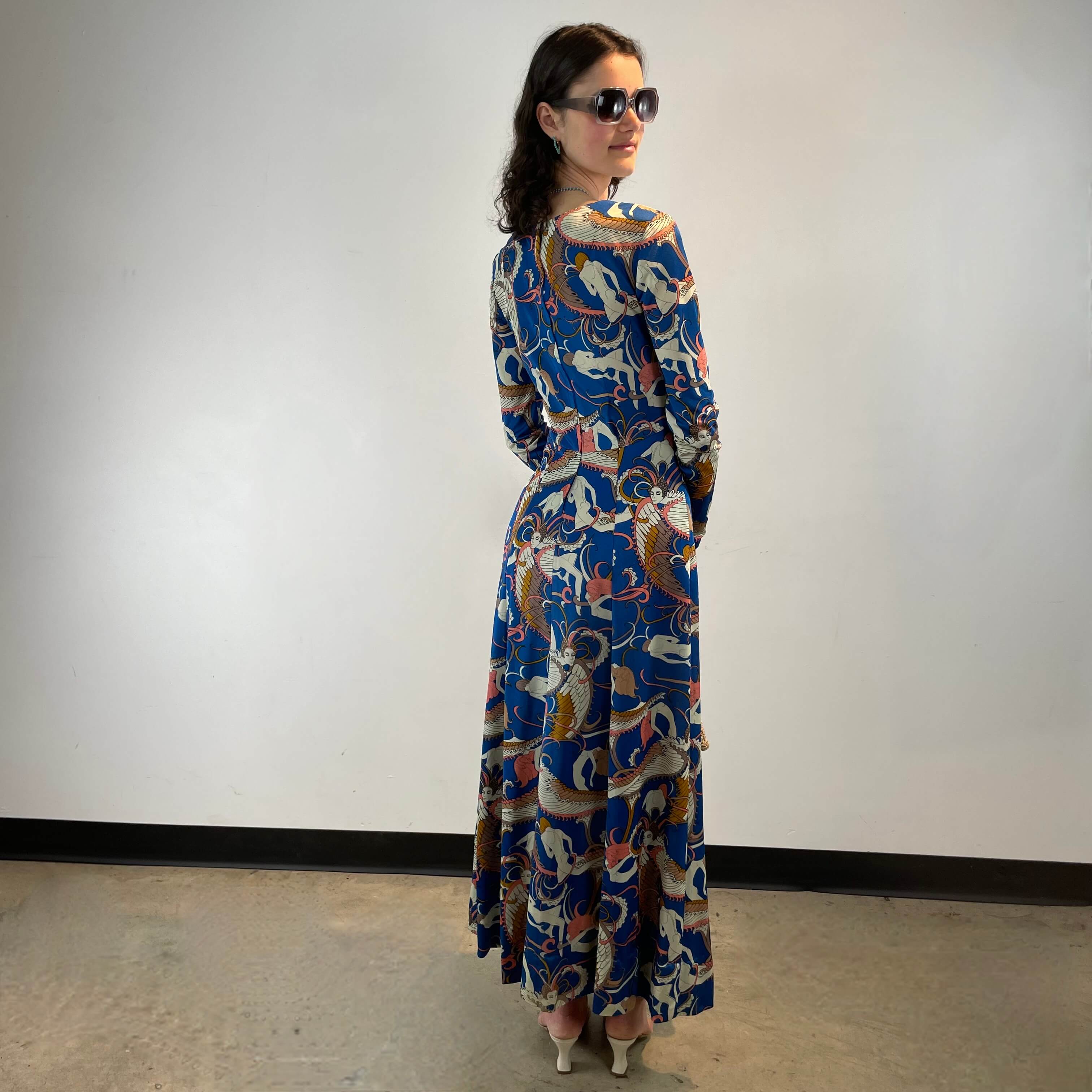 1970s Blue Cosmic Patterned Long Sleeve Empire Waist Maxi Dress Small - Image 4