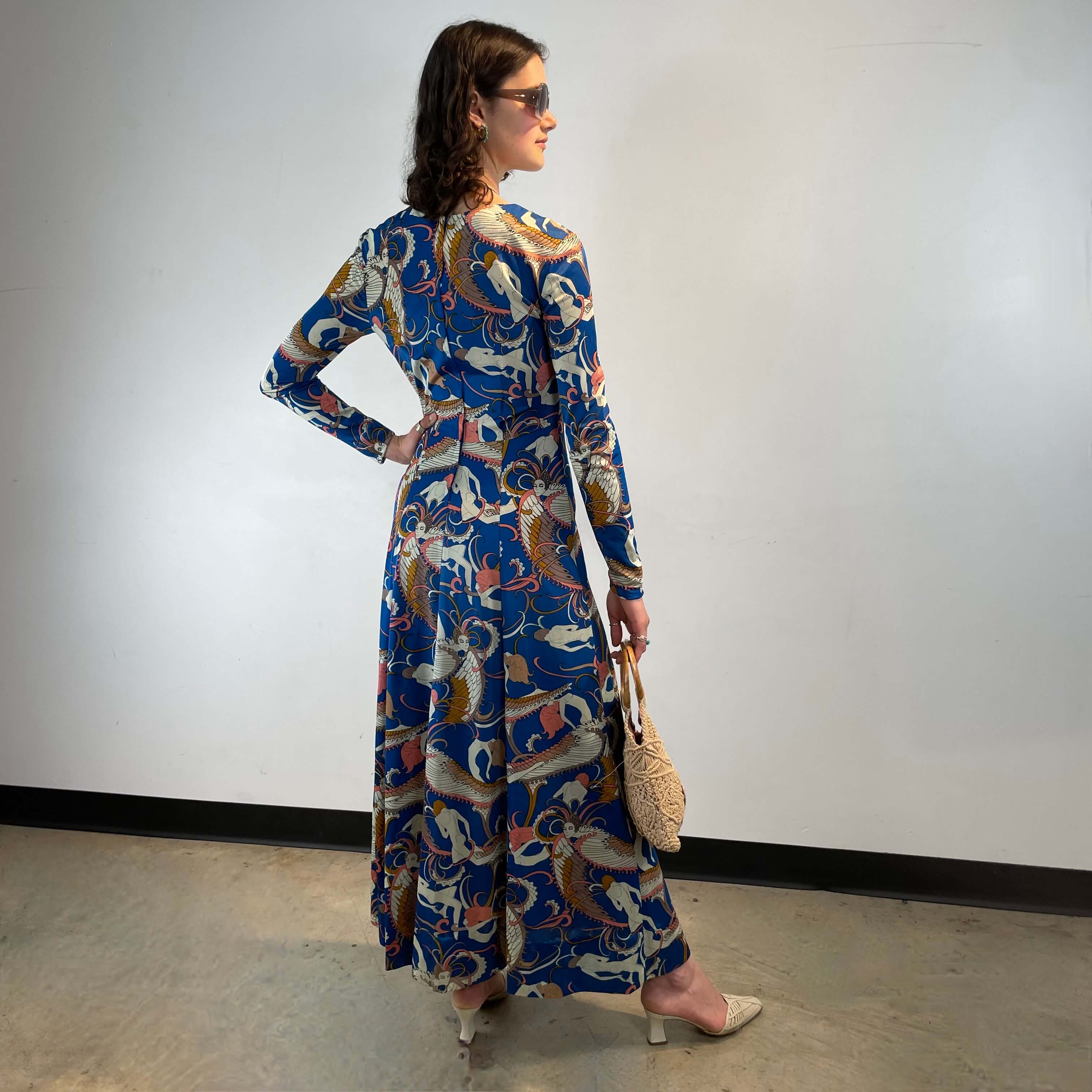 1970s Blue Cosmic Patterned Long Sleeve Empire Waist Maxi Dress Small - Image 5