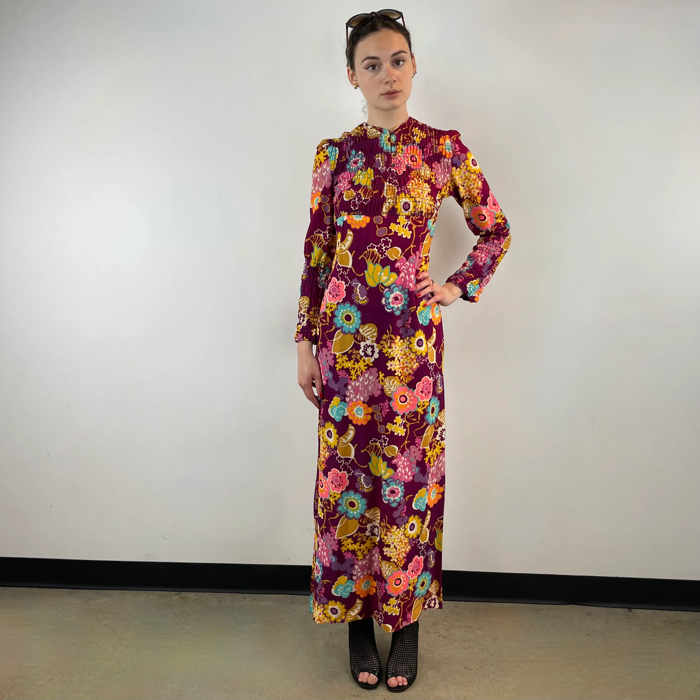 1970s Bold Floral Long-Sleeved Maxi Dress with Ruched Bodice Small