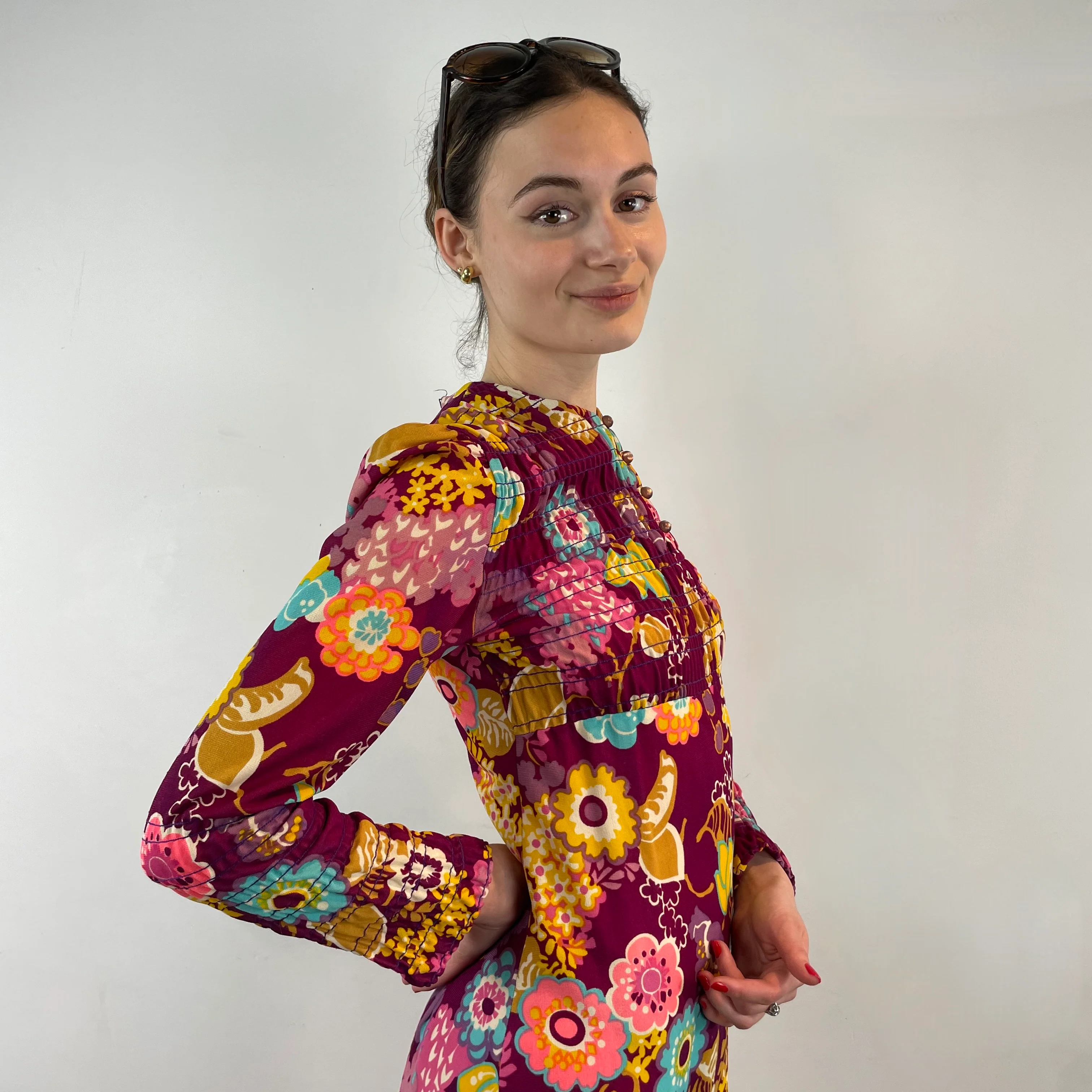 1970s Bold Floral Long-Sleeved Maxi Dress with Ruched Bodice Small - Image 2
