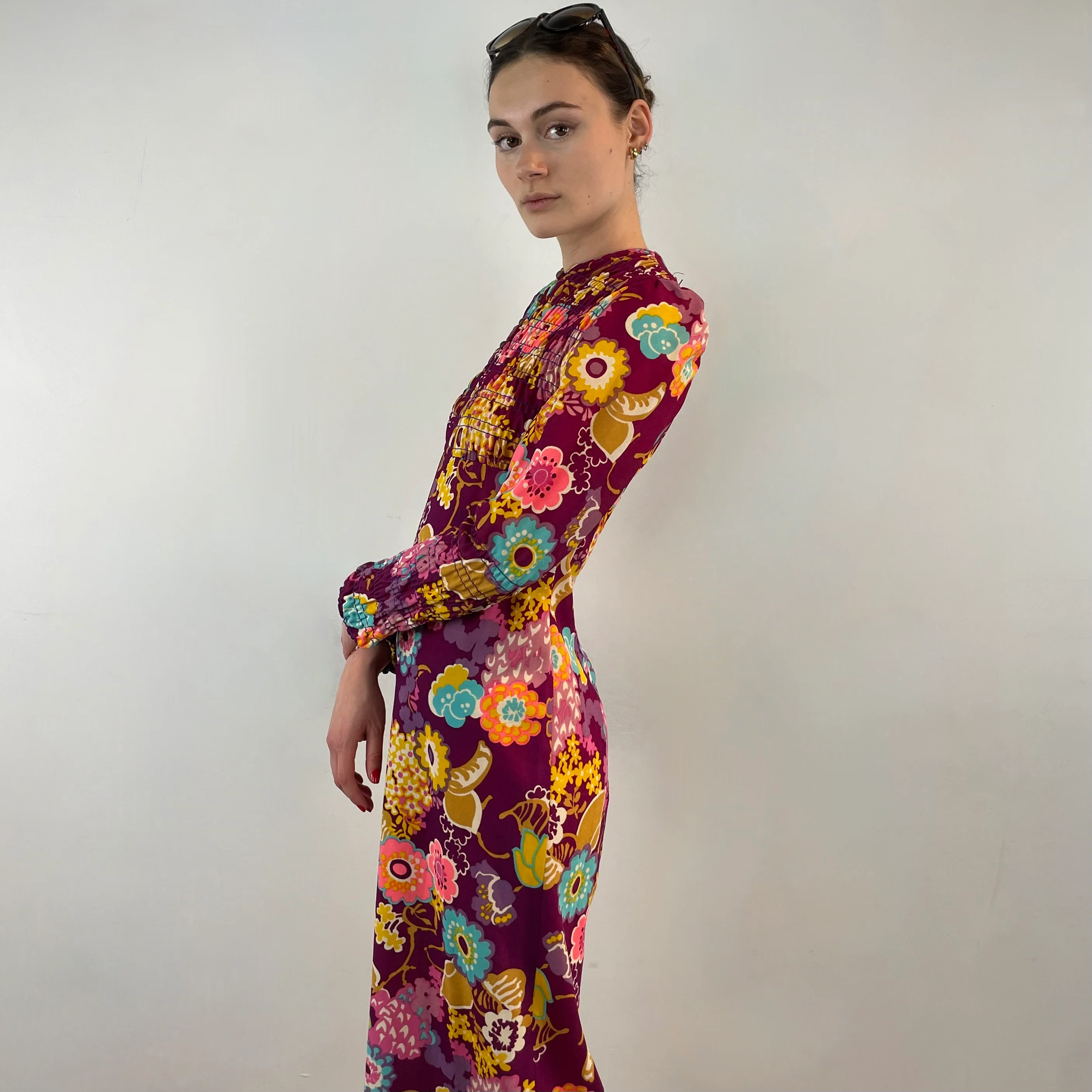 1970s Bold Floral Long-Sleeved Maxi Dress with Ruched Bodice Small - Image 4