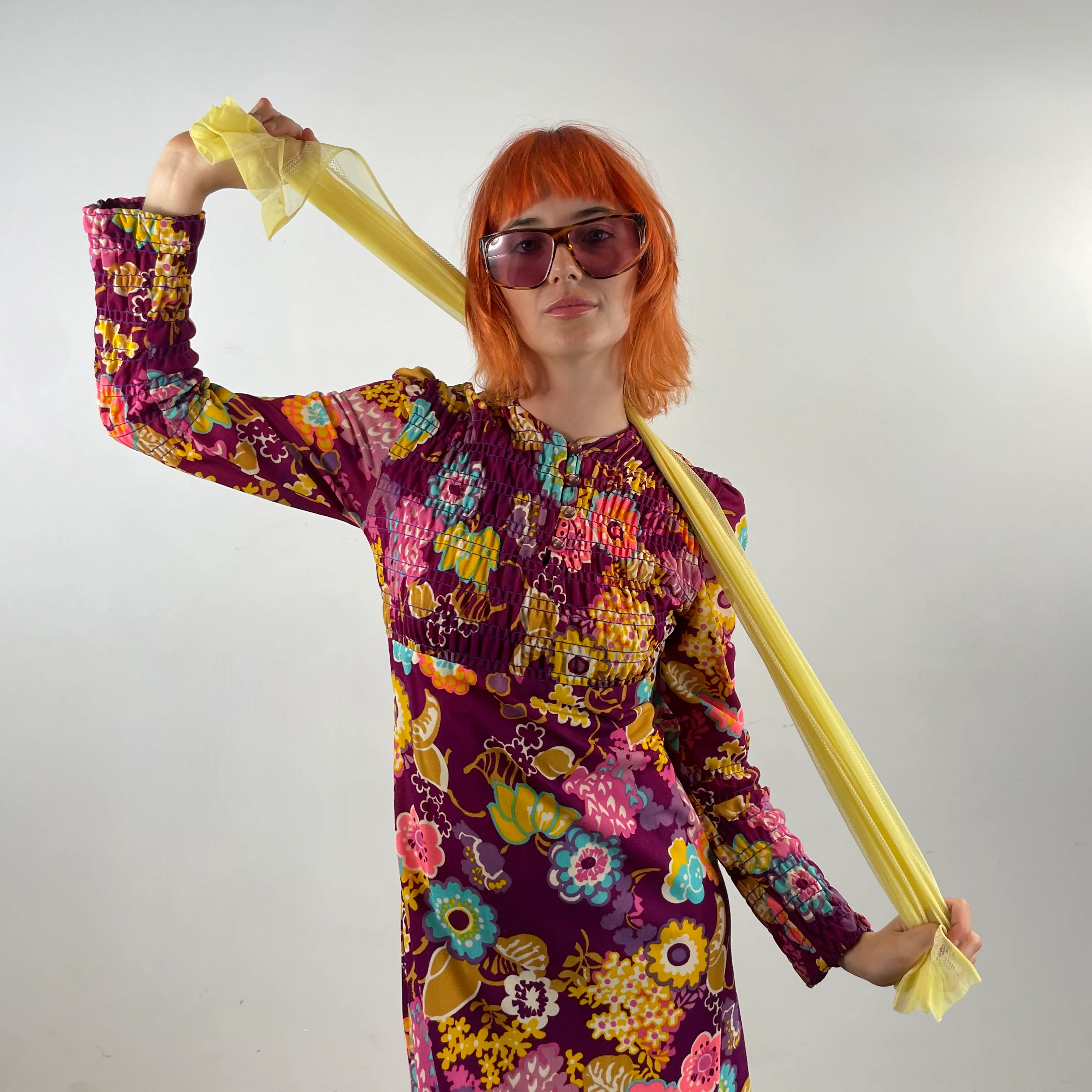 1970s Bold Floral Long-Sleeved Maxi Dress with Ruched Bodice Small - Image 6