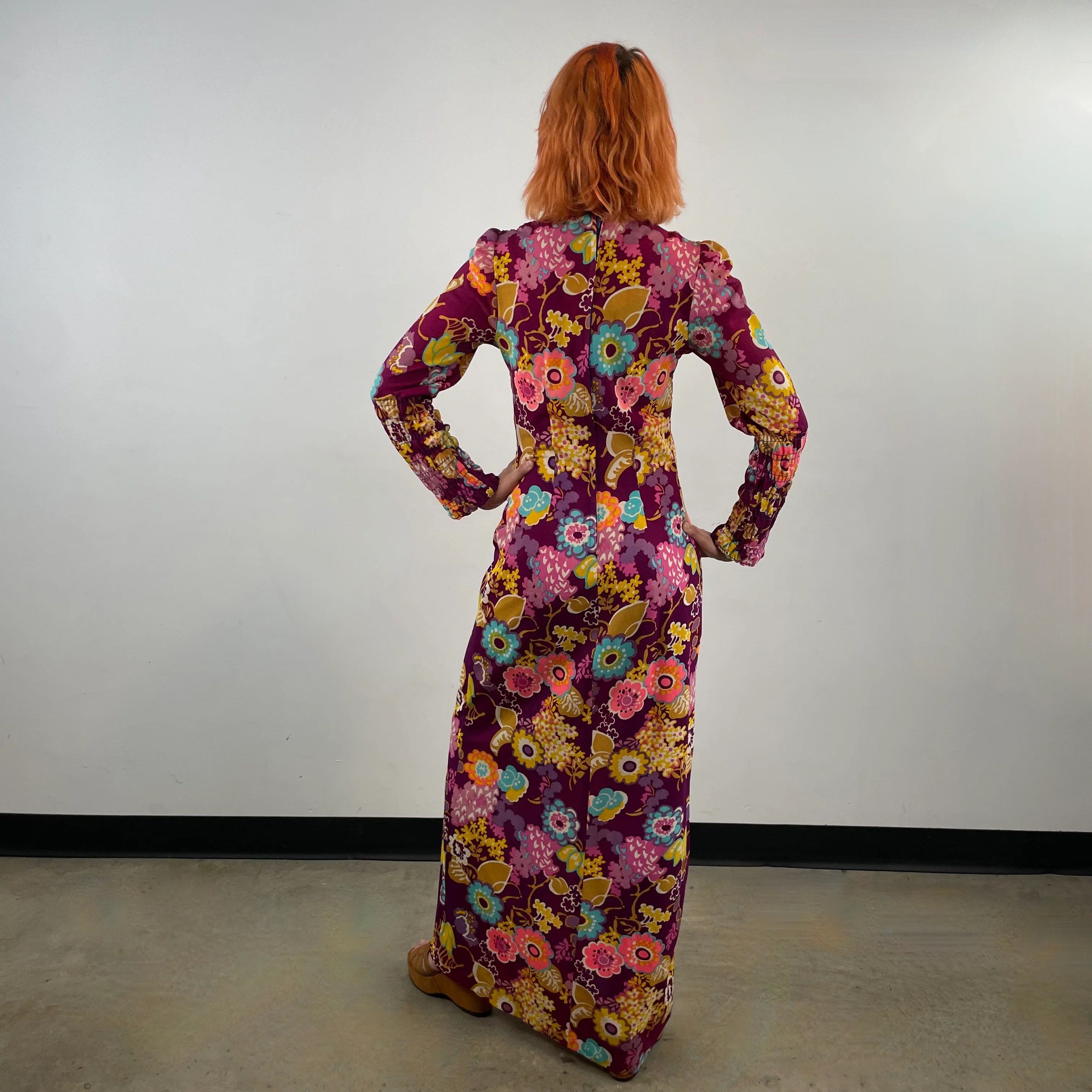 1970s Bold Floral Long-Sleeved Maxi Dress with Ruched Bodice Small - Image 7