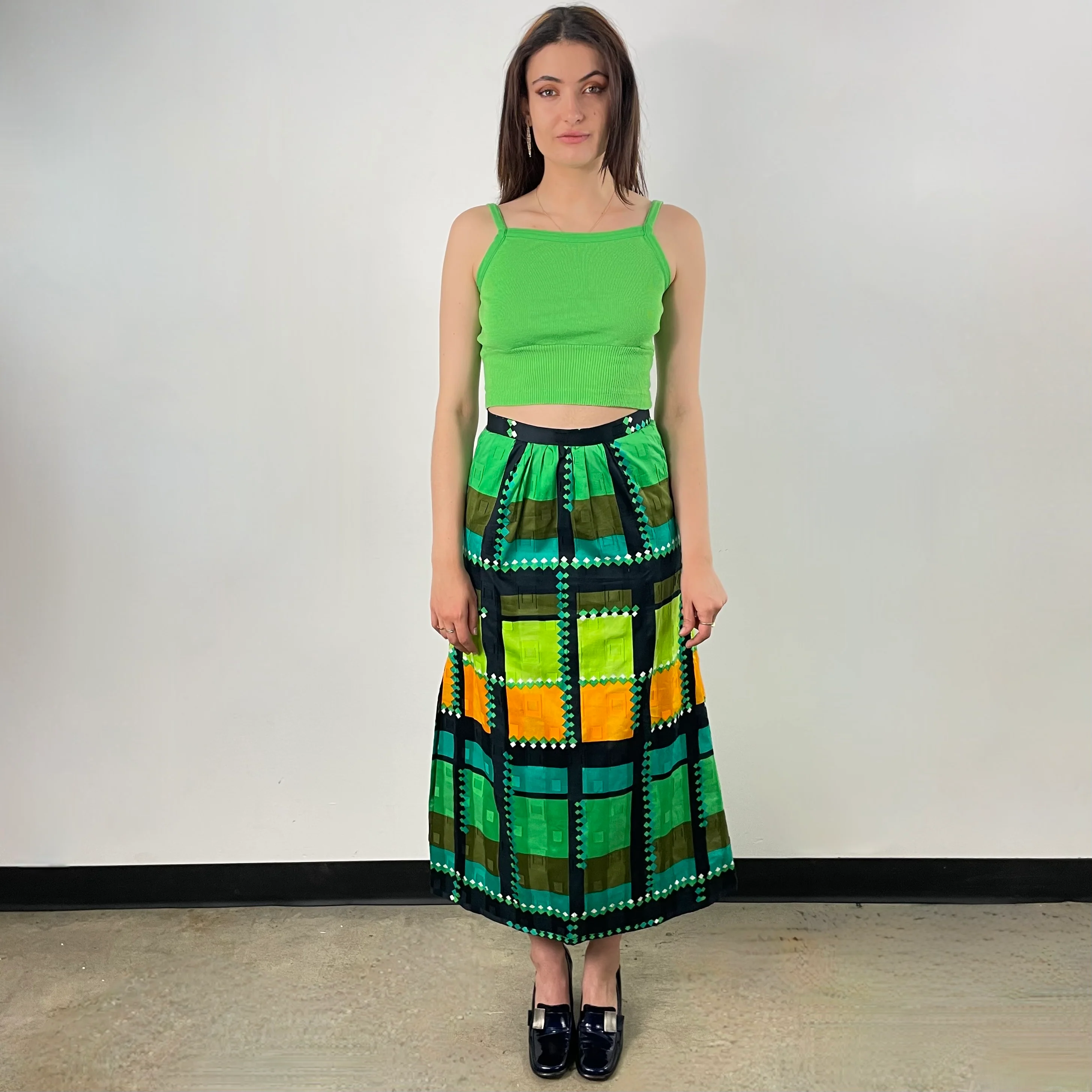 1970s Bold Print Cotton Brocade Maxi Skirt Small