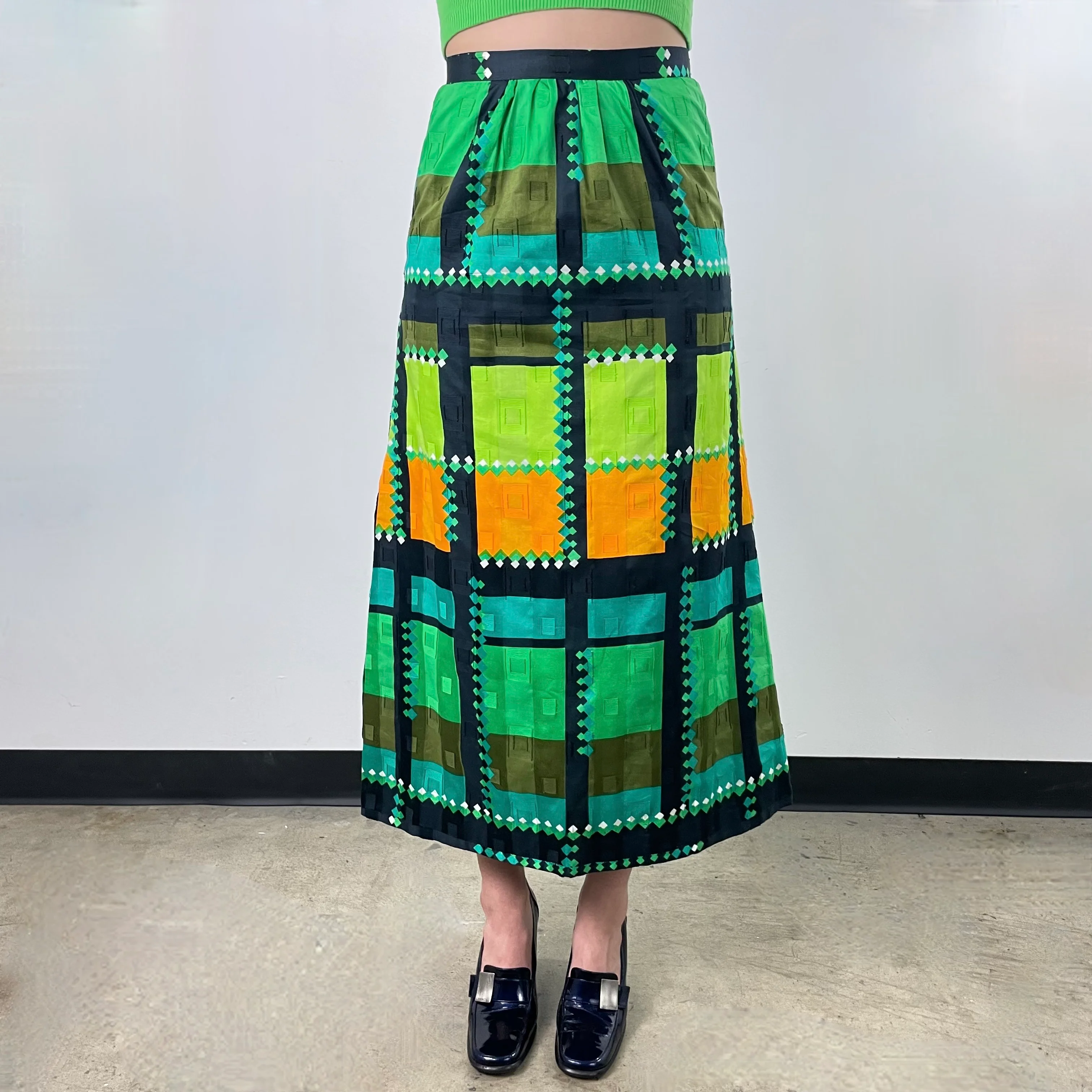 1970s Bold Print Cotton Brocade Maxi Skirt Small - Image 4