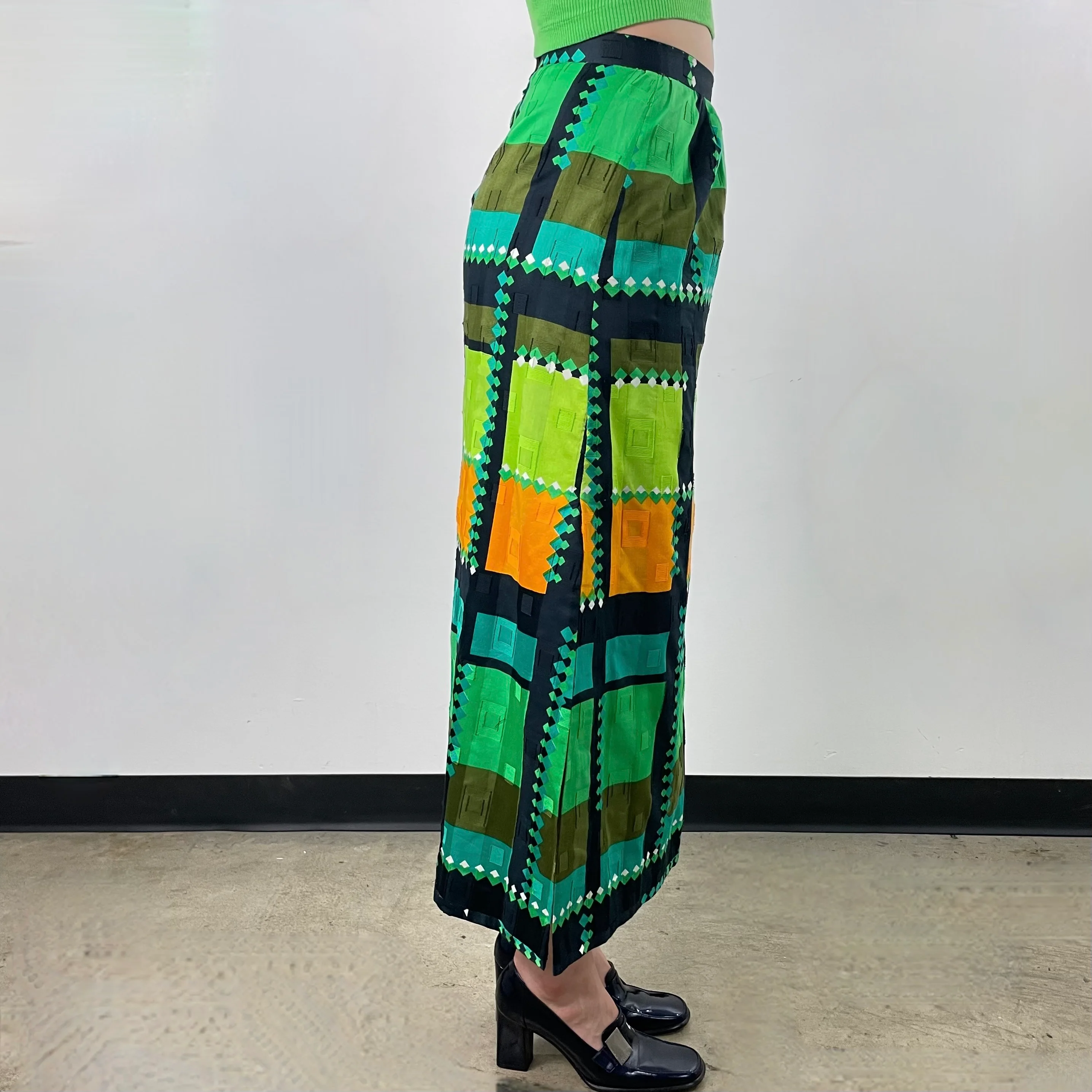 1970s Bold Print Cotton Brocade Maxi Skirt Small - Image 5