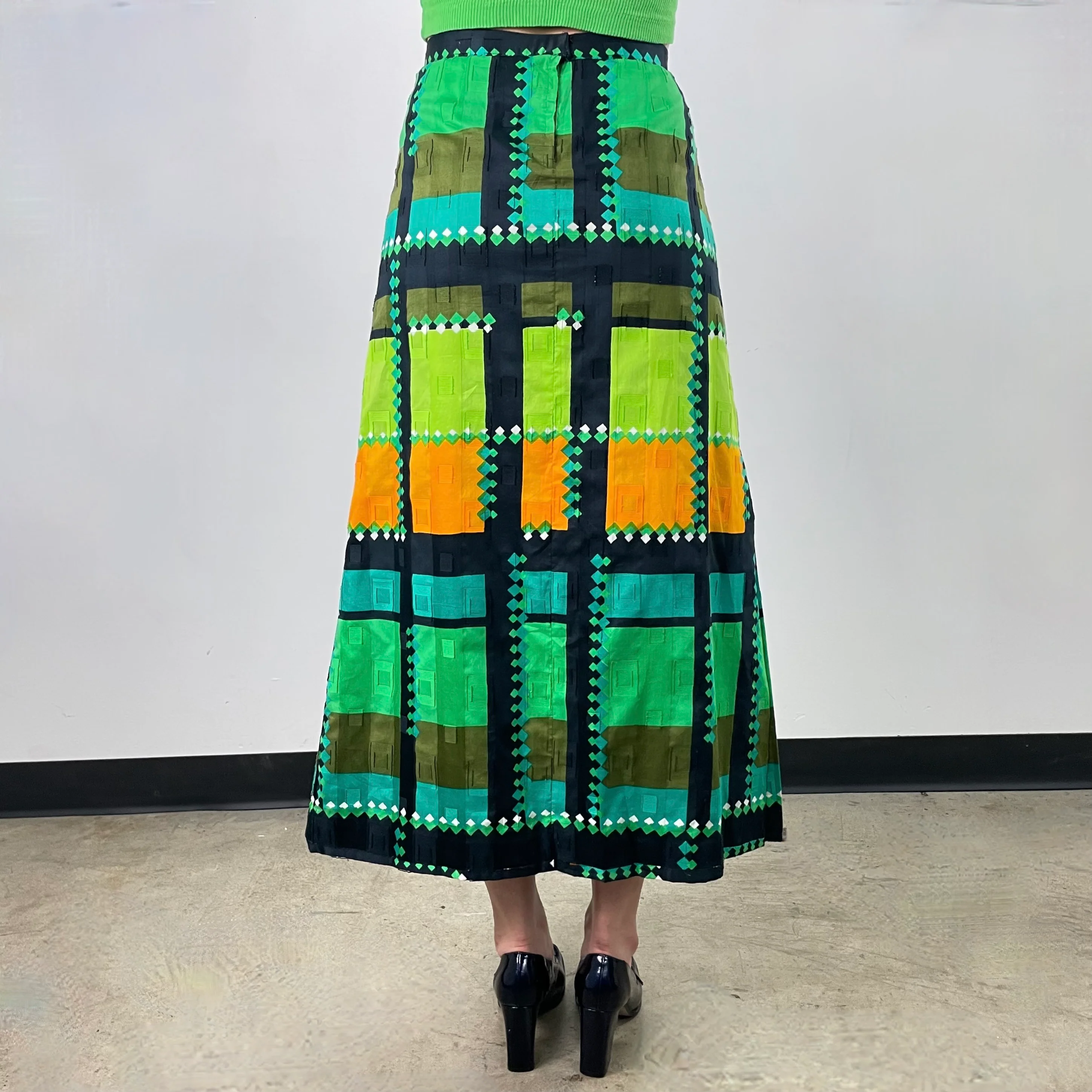 1970s Bold Print Cotton Brocade Maxi Skirt Small - Image 6