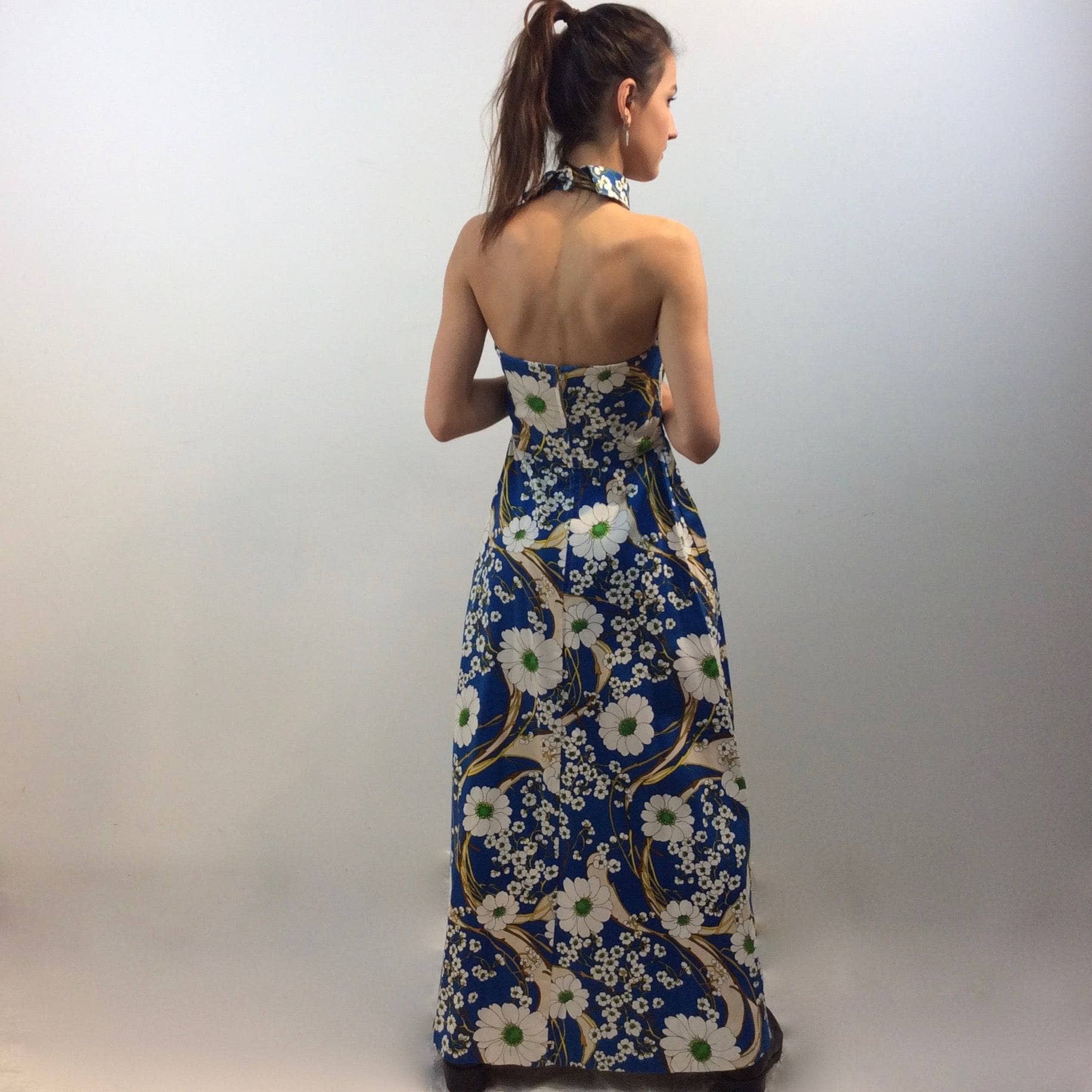 1970s Bold Print Halter Top Cotton Maxi Dress Extra Small - Image 4
