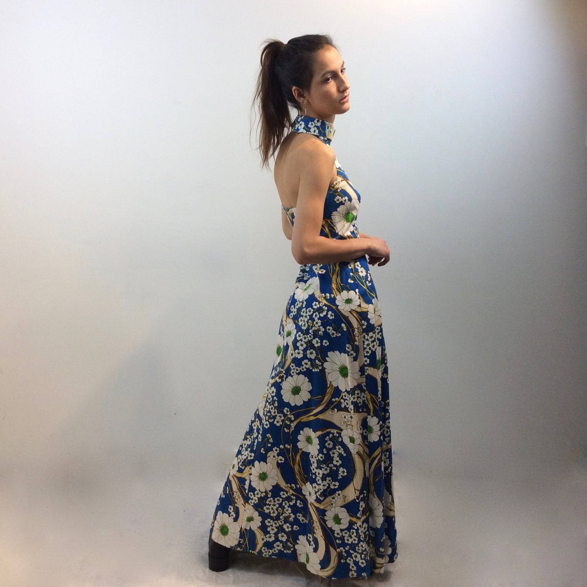 1970s Bold Print Halter Top Cotton Maxi Dress Extra Small - Image 5