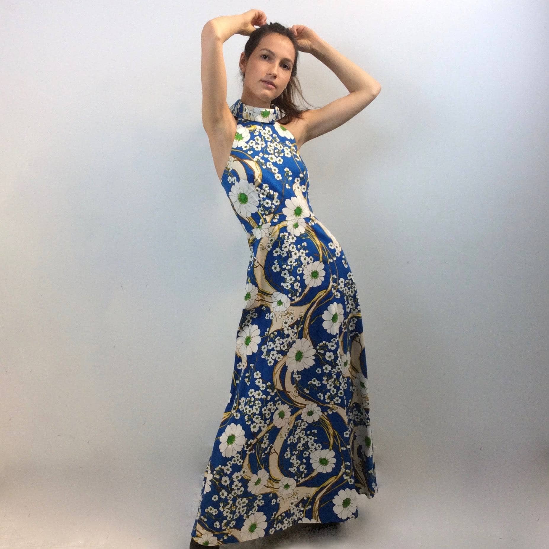 1970s Bold Print Halter Top Cotton Maxi Dress Extra Small - Image 6