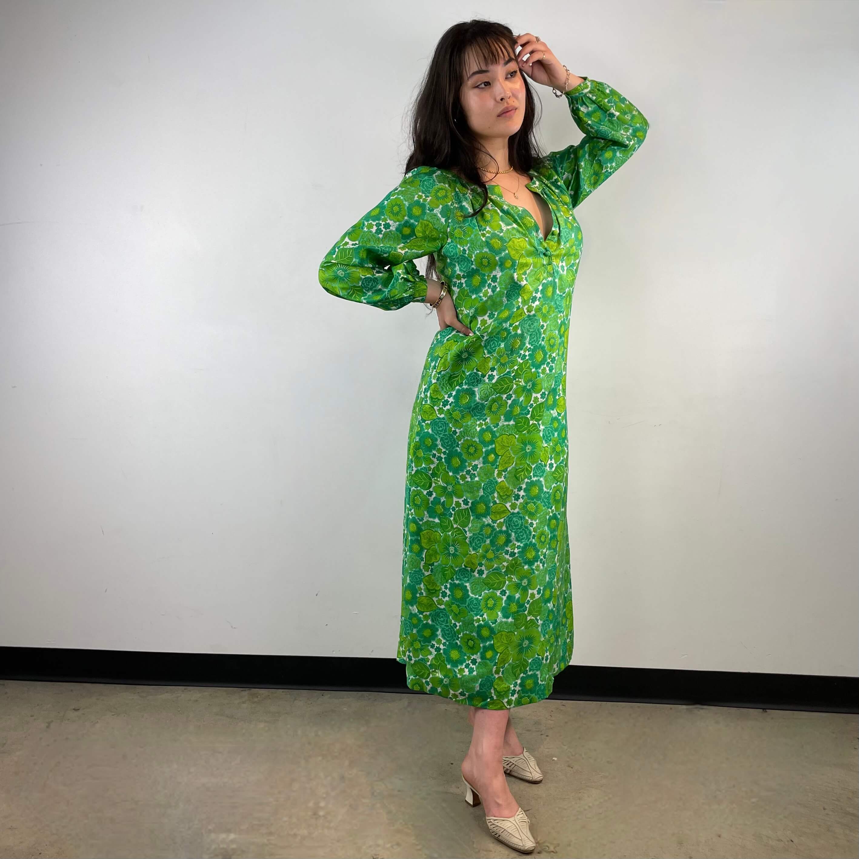 1970s Bold Print Long-Sleeved Green Silk Maxi Dress Medium