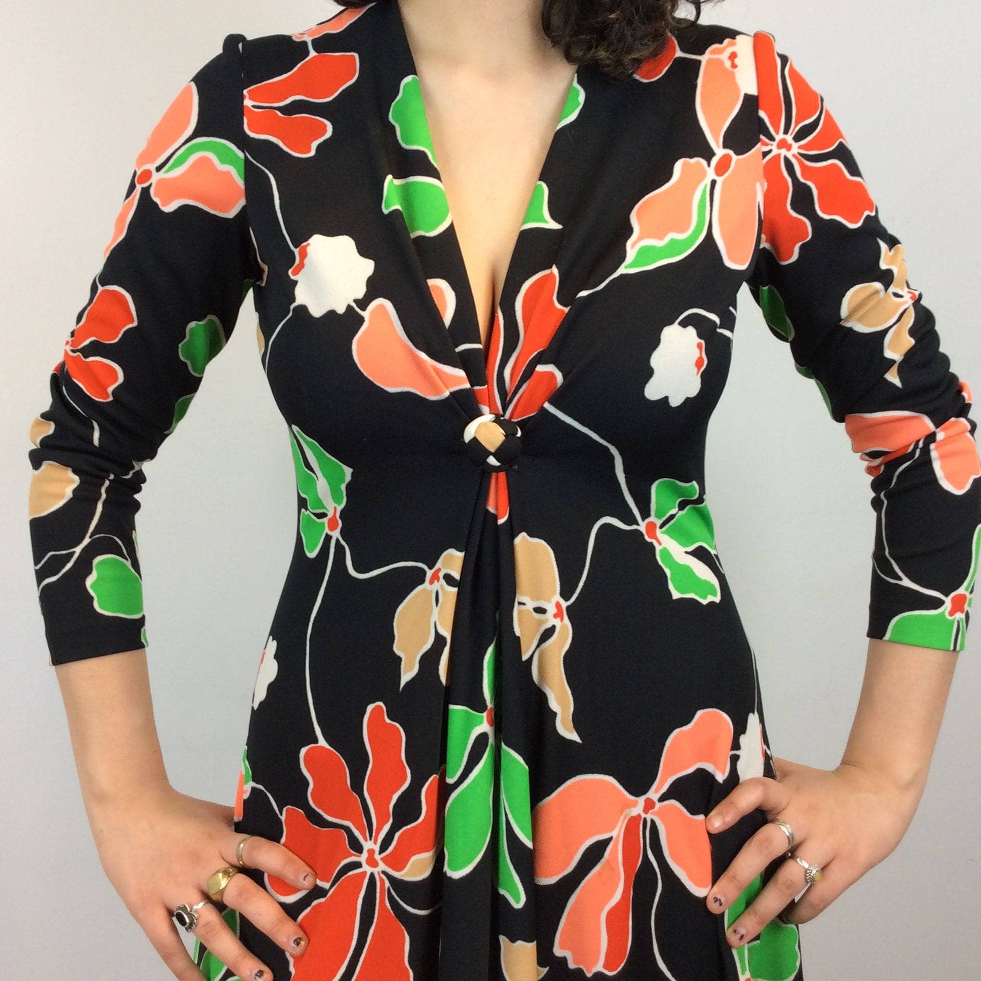 1970s Bold Print Plunge Neck Long Sleeve Maxi Dress Medium - Image 2