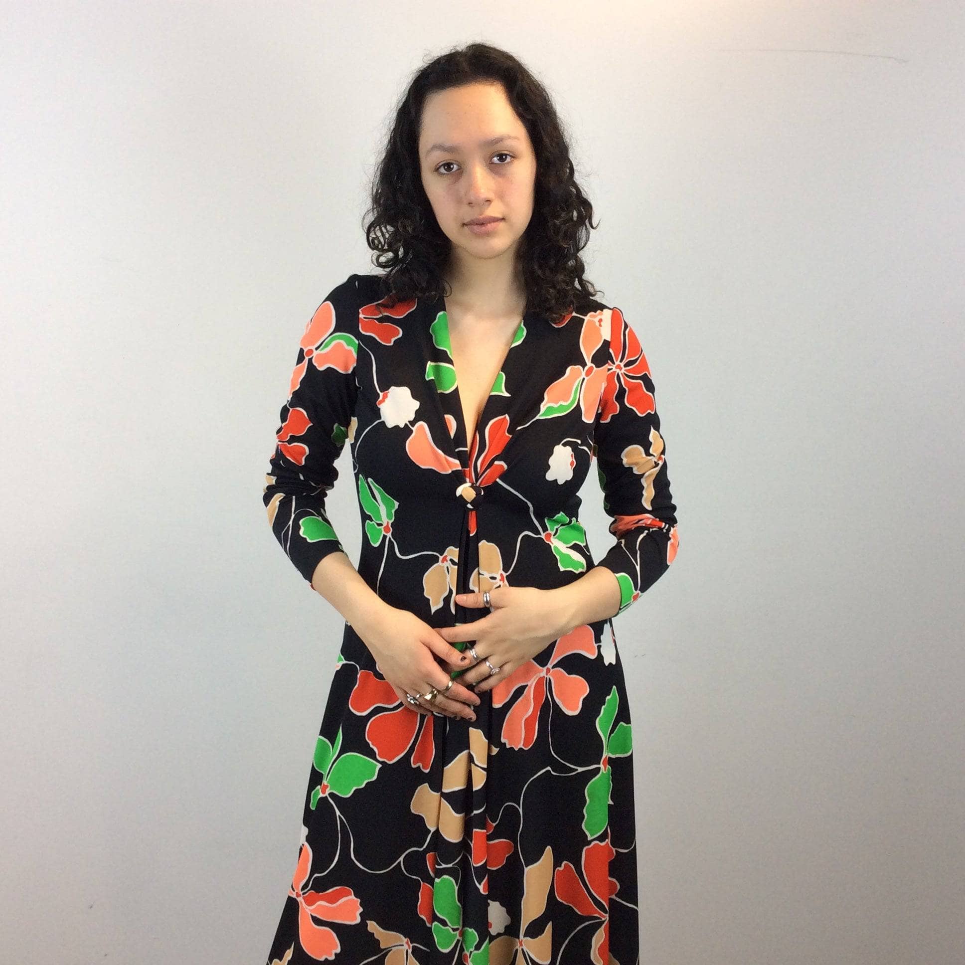 1970s Bold Print Plunge Neck Long Sleeve Maxi Dress Medium - Image 3