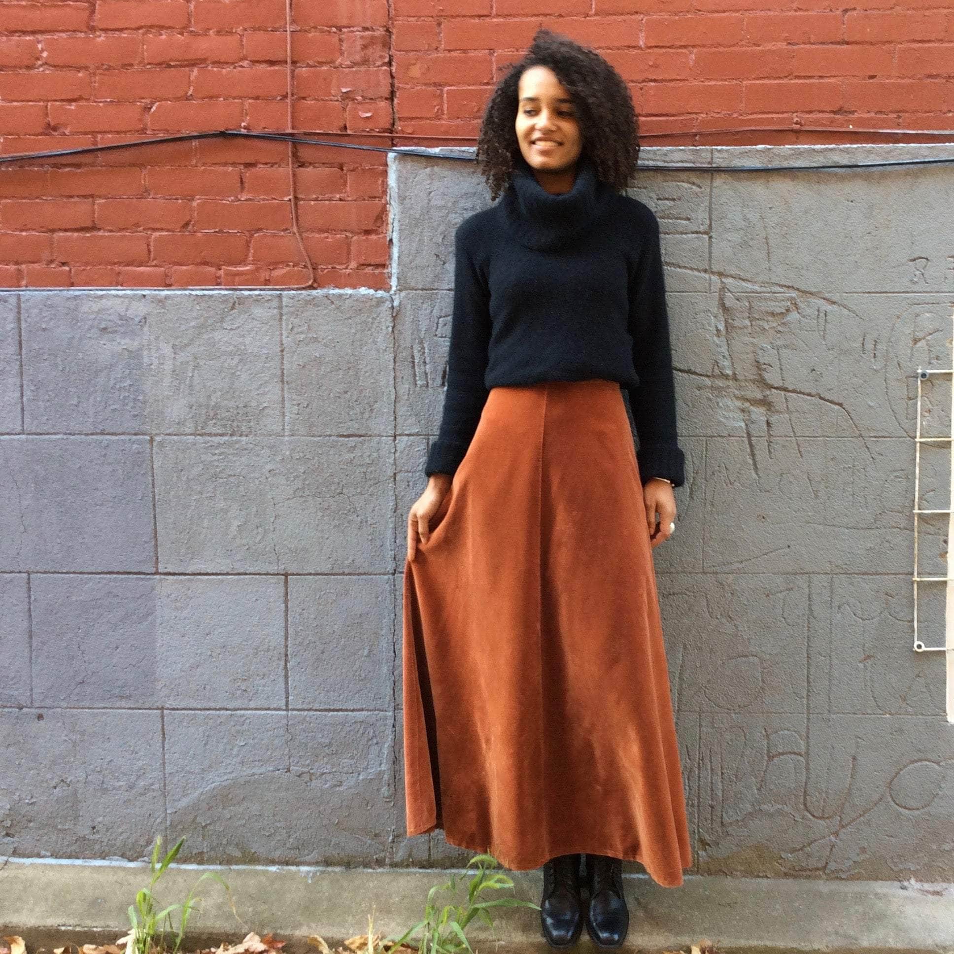 1970s Brick Colour Maxi Velvet Skirt Small - Image 5