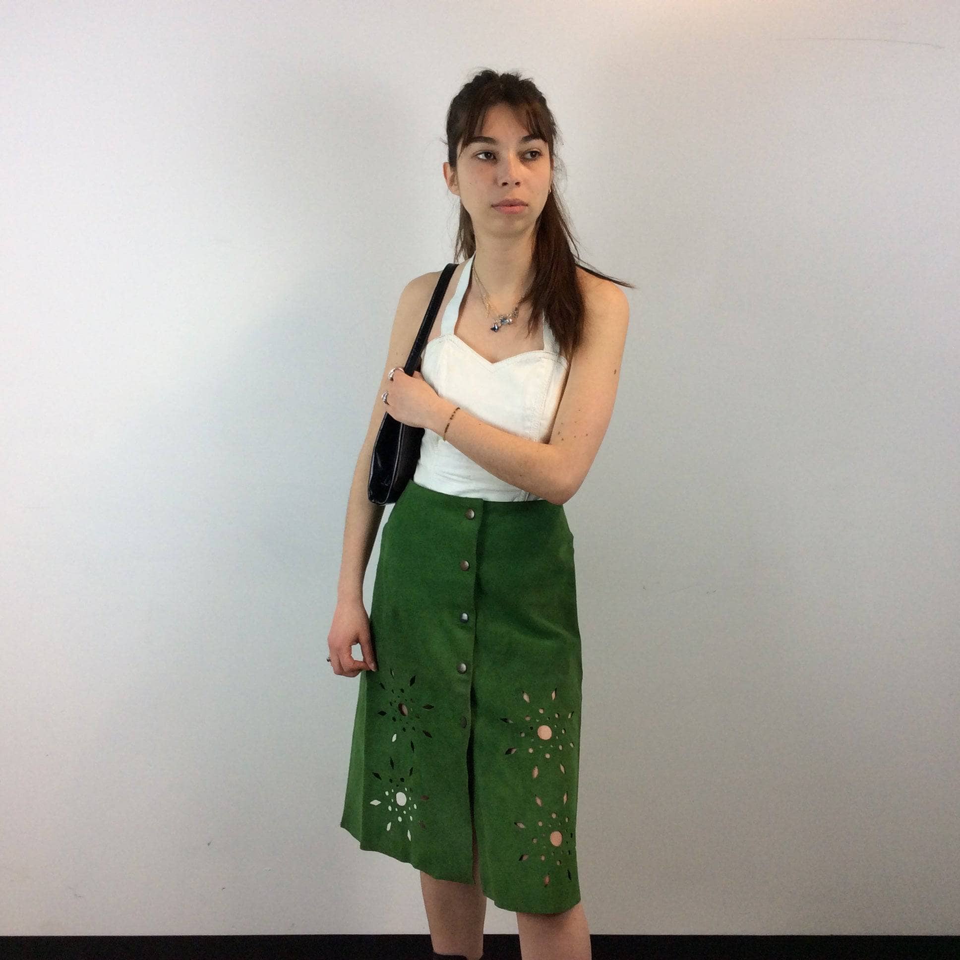 1970s Cut Out Green Suede Skirt Small
