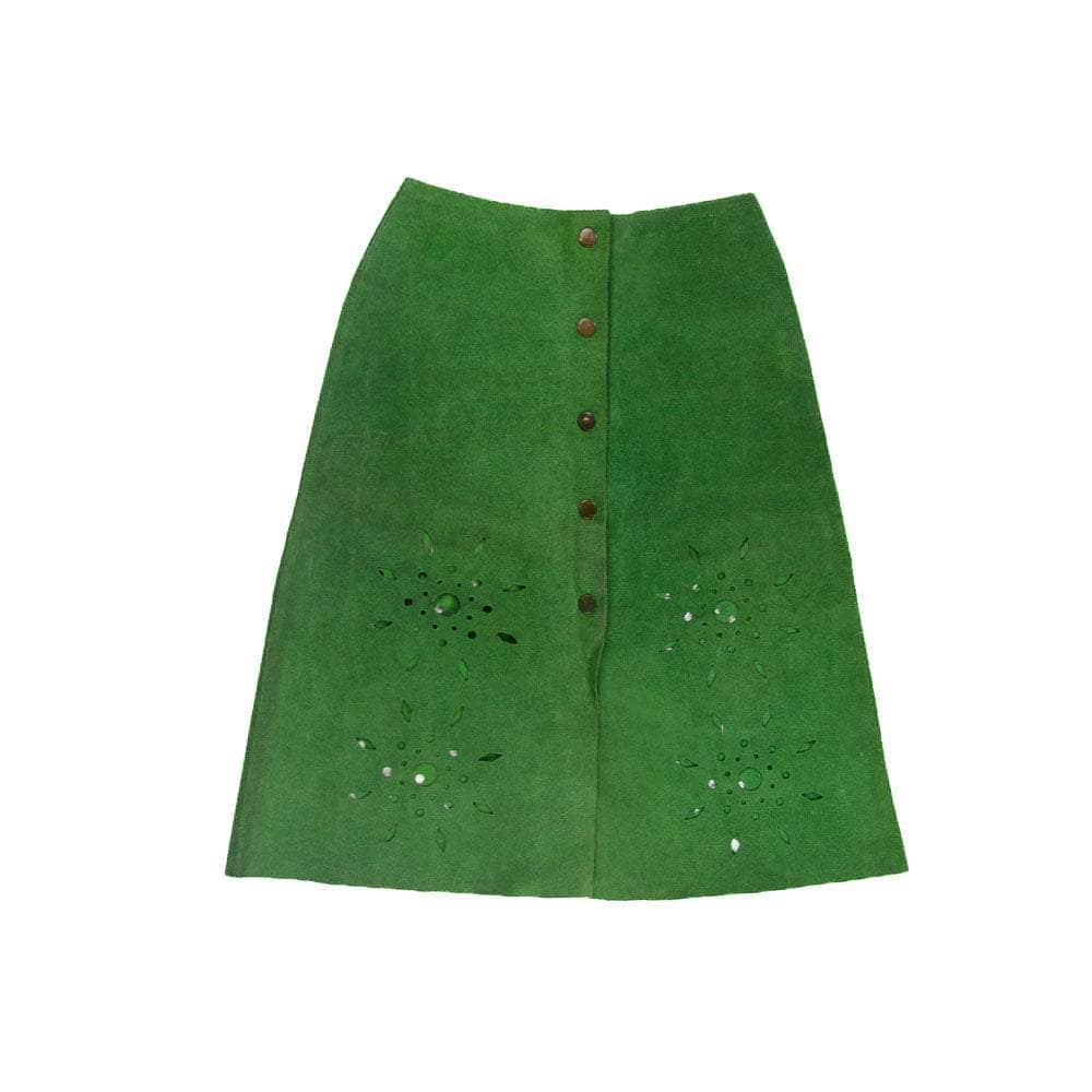 1970s Cut Out Green Suede Skirt Small - Image 7