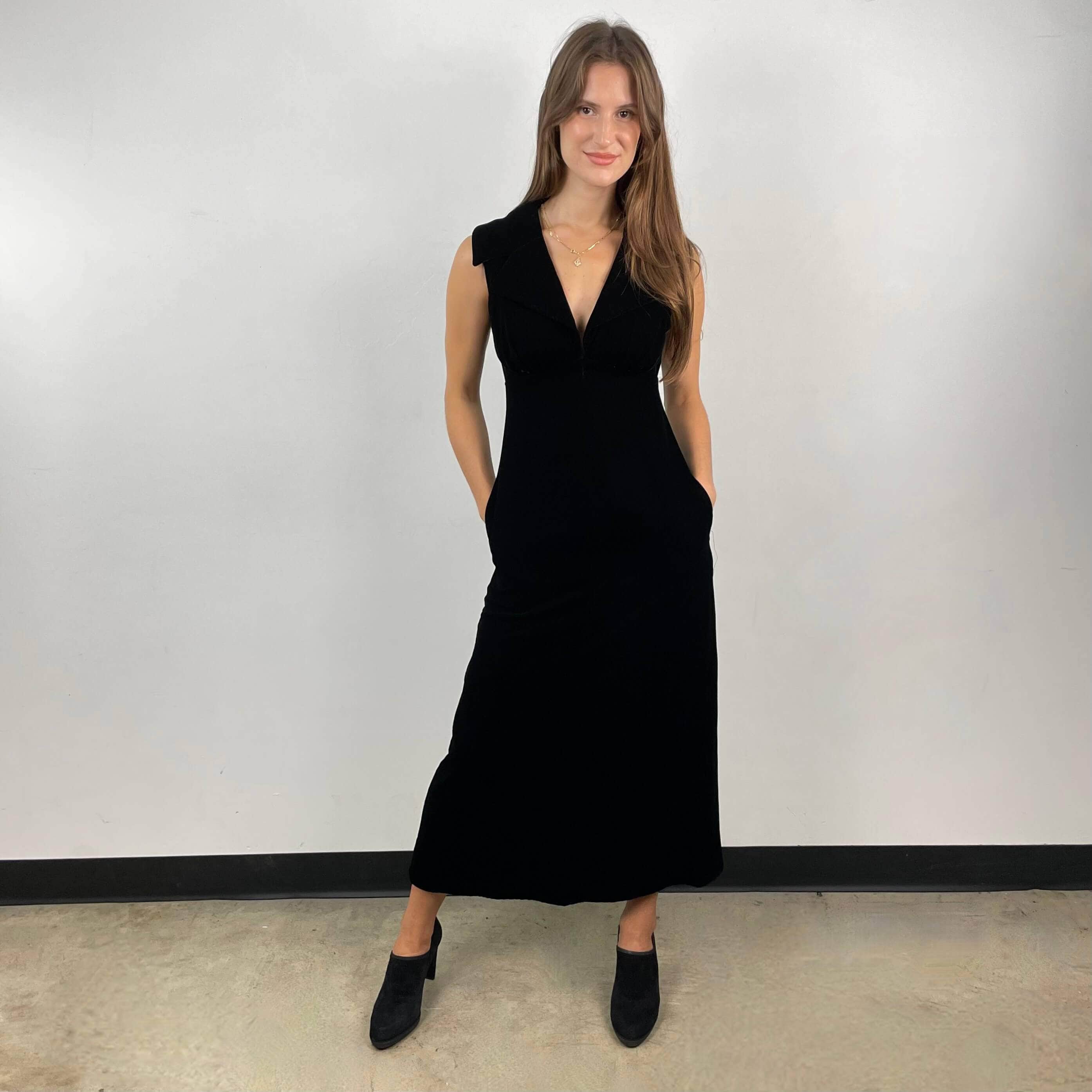 1970s Deep V-Neck Black Velvet Midi Dress Small