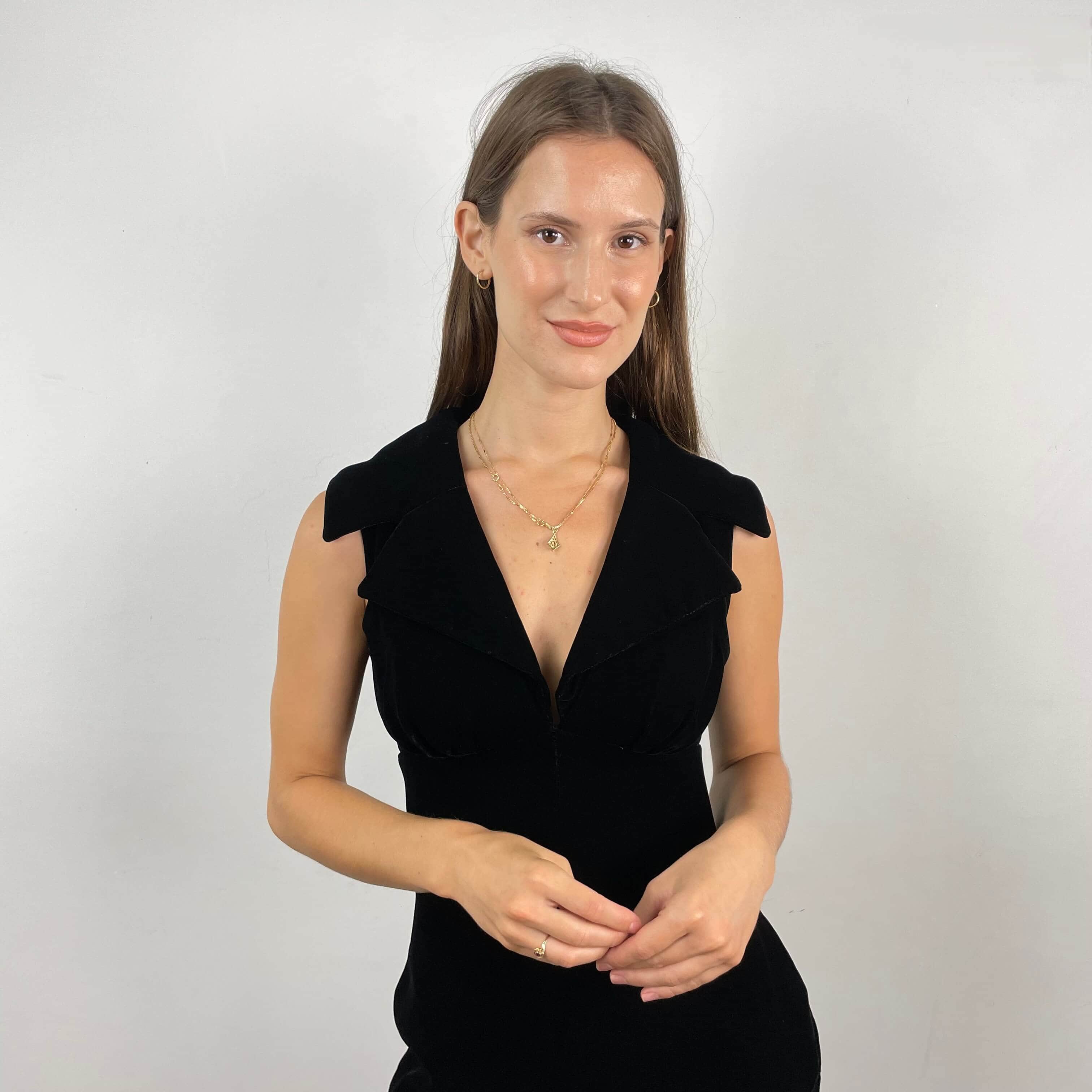 1970s Deep V-Neck Black Velvet Midi Dress Small - Image 2