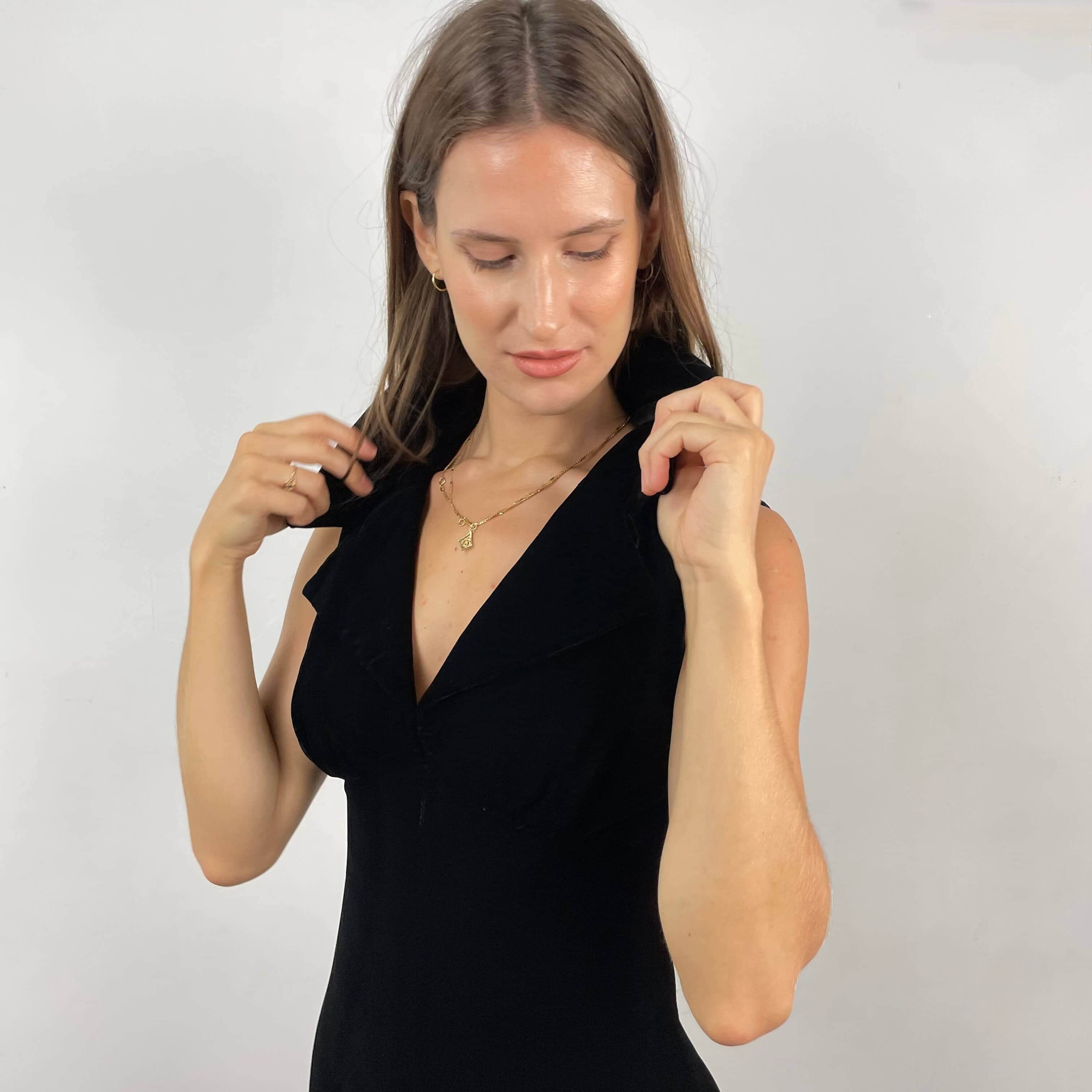 1970s Deep V-Neck Black Velvet Midi Dress Small - Image 3