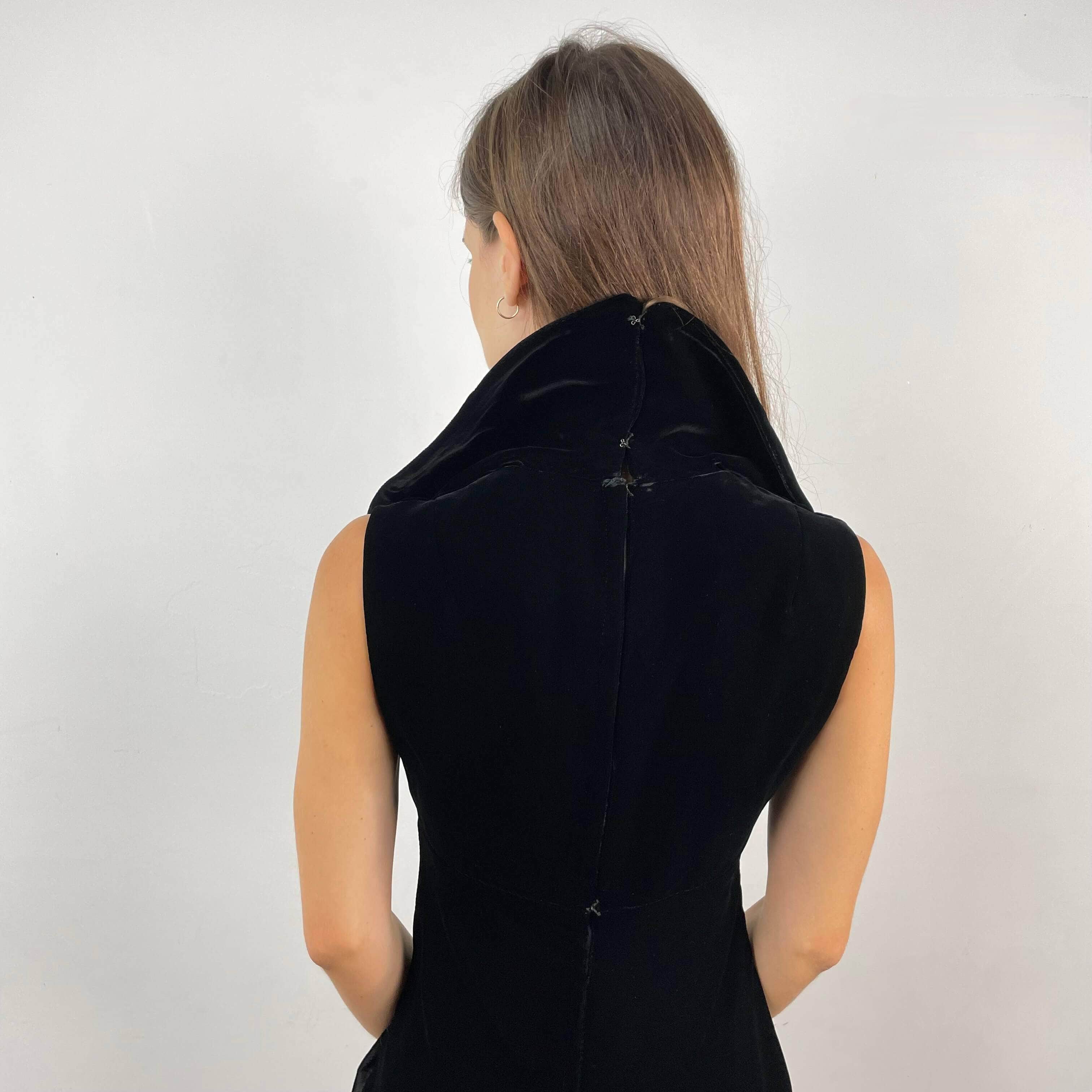 1970s Deep V-Neck Black Velvet Midi Dress Small - Image 4