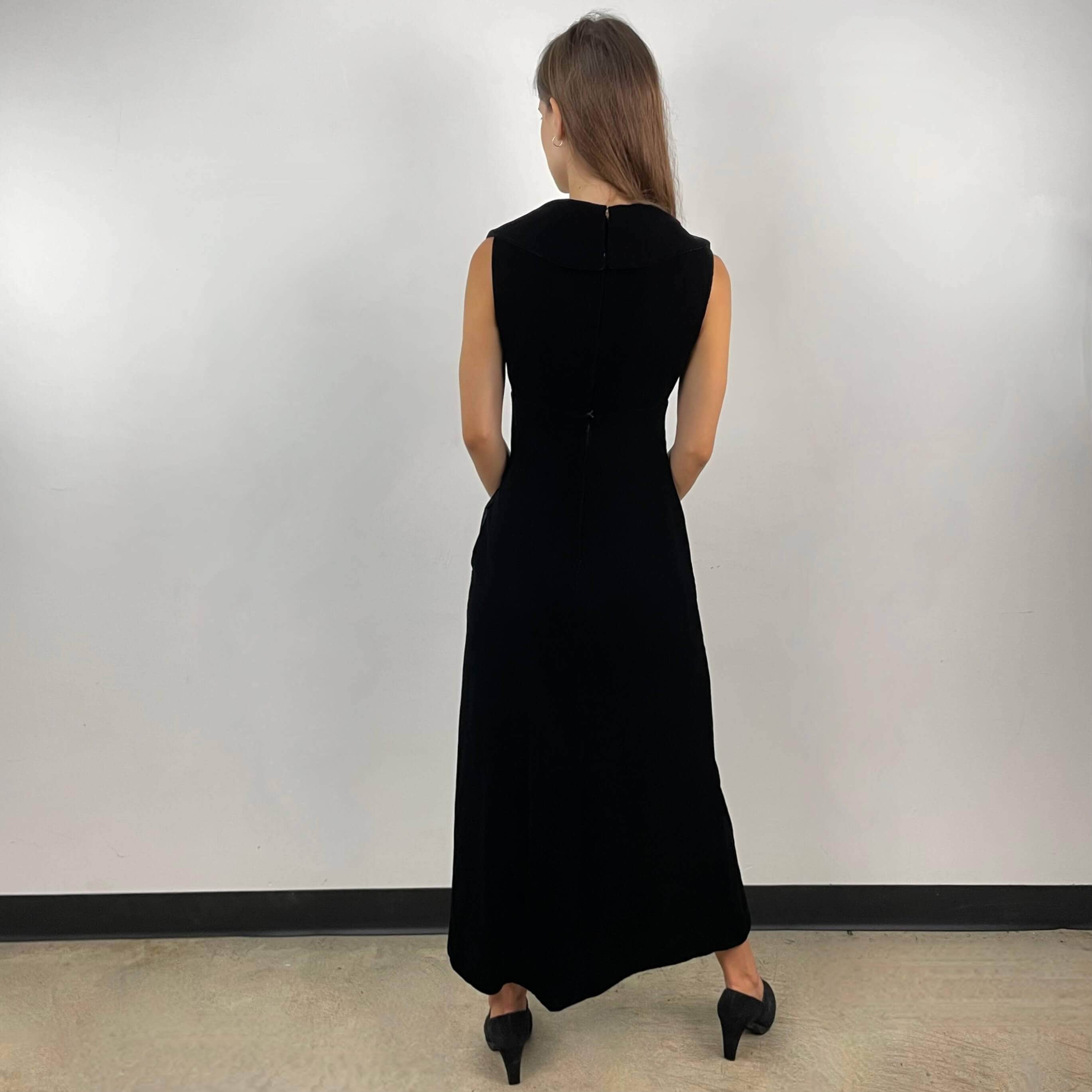 1970s Deep V-Neck Black Velvet Midi Dress Small - Image 5